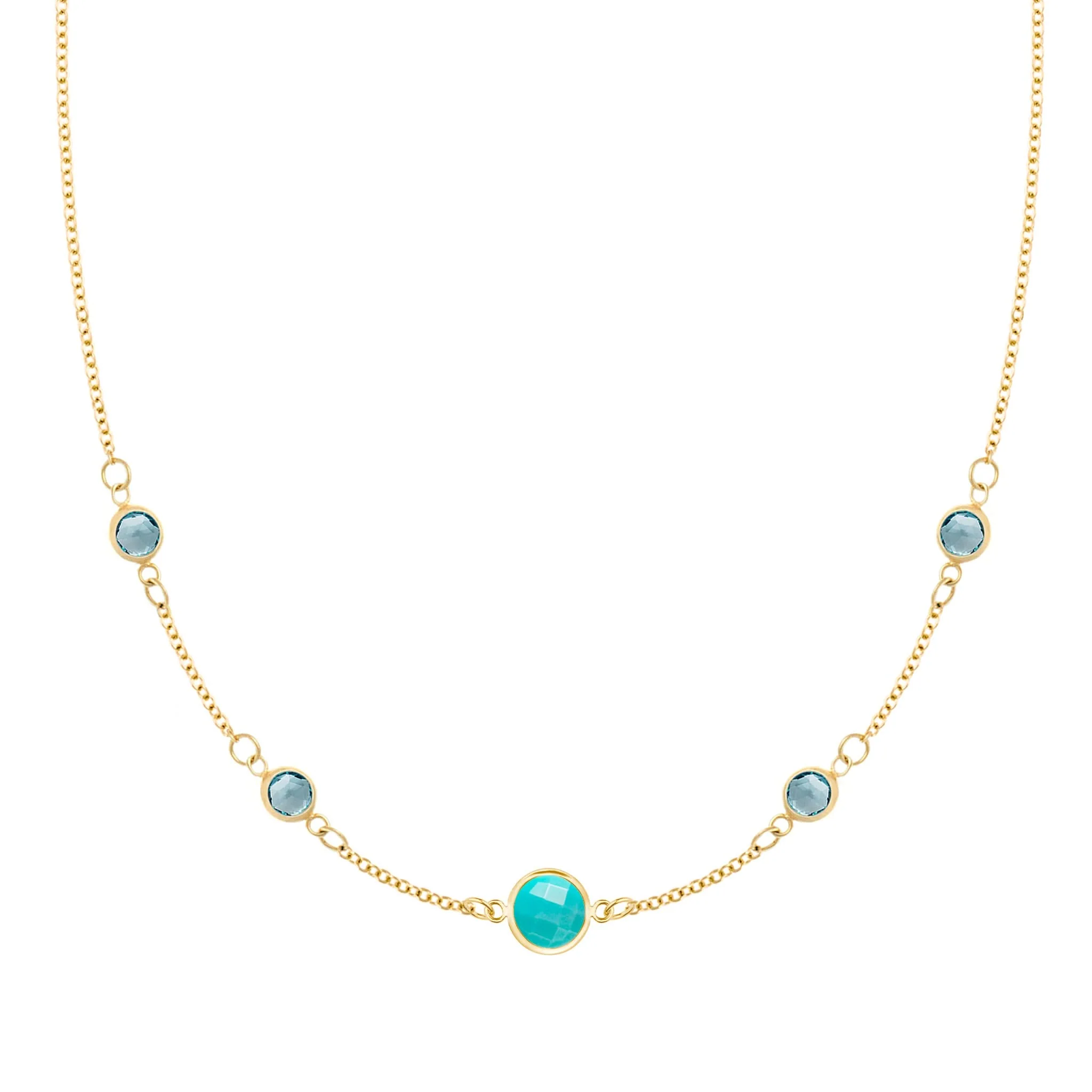 1 Grand & 4 Petite Turquoise & Nantucket Blue Topaz Necklace in 14k Gold (December)