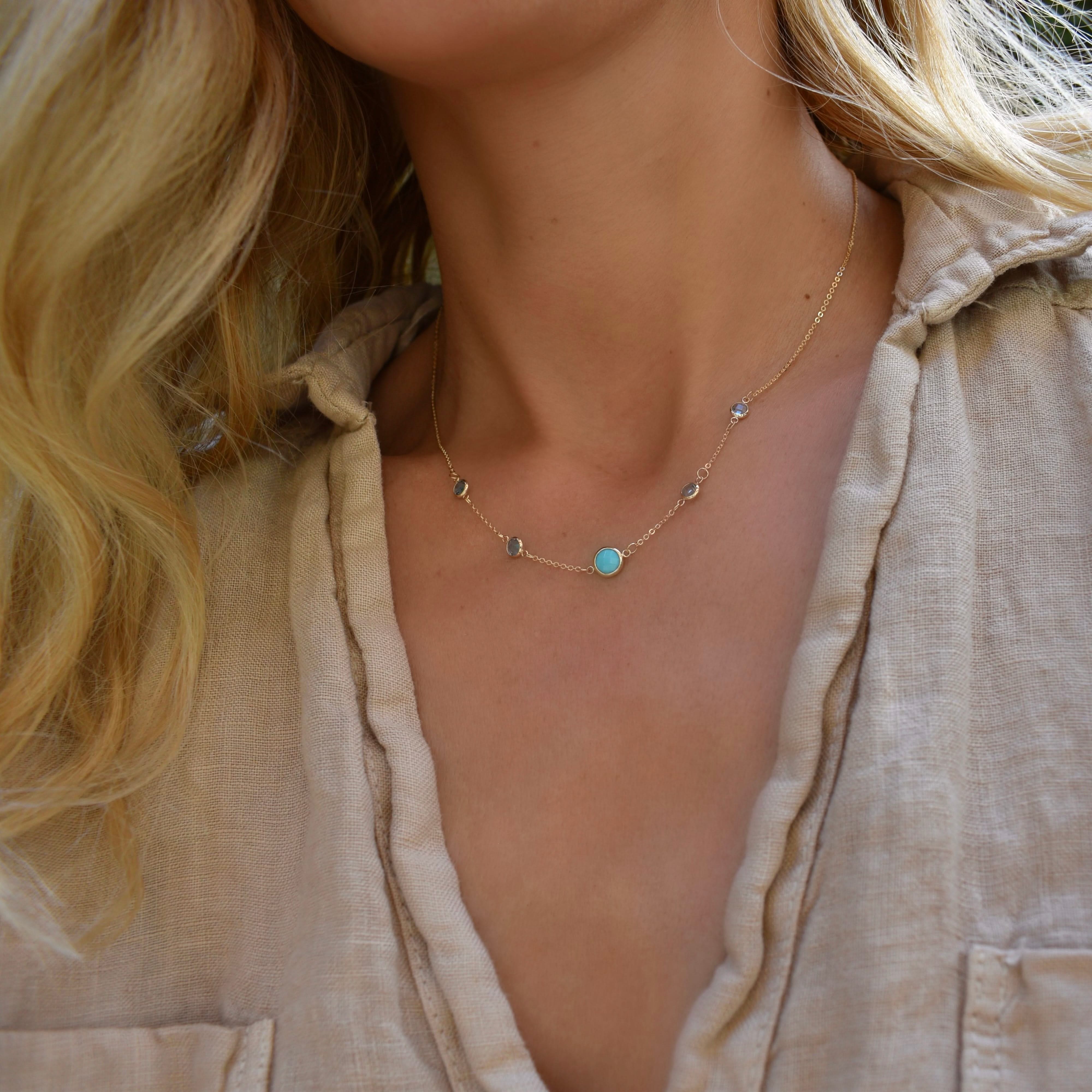 1 Grand & 4 Petite Turquoise & Nantucket Blue Topaz Necklace in 14k Gold (December) - Image 2