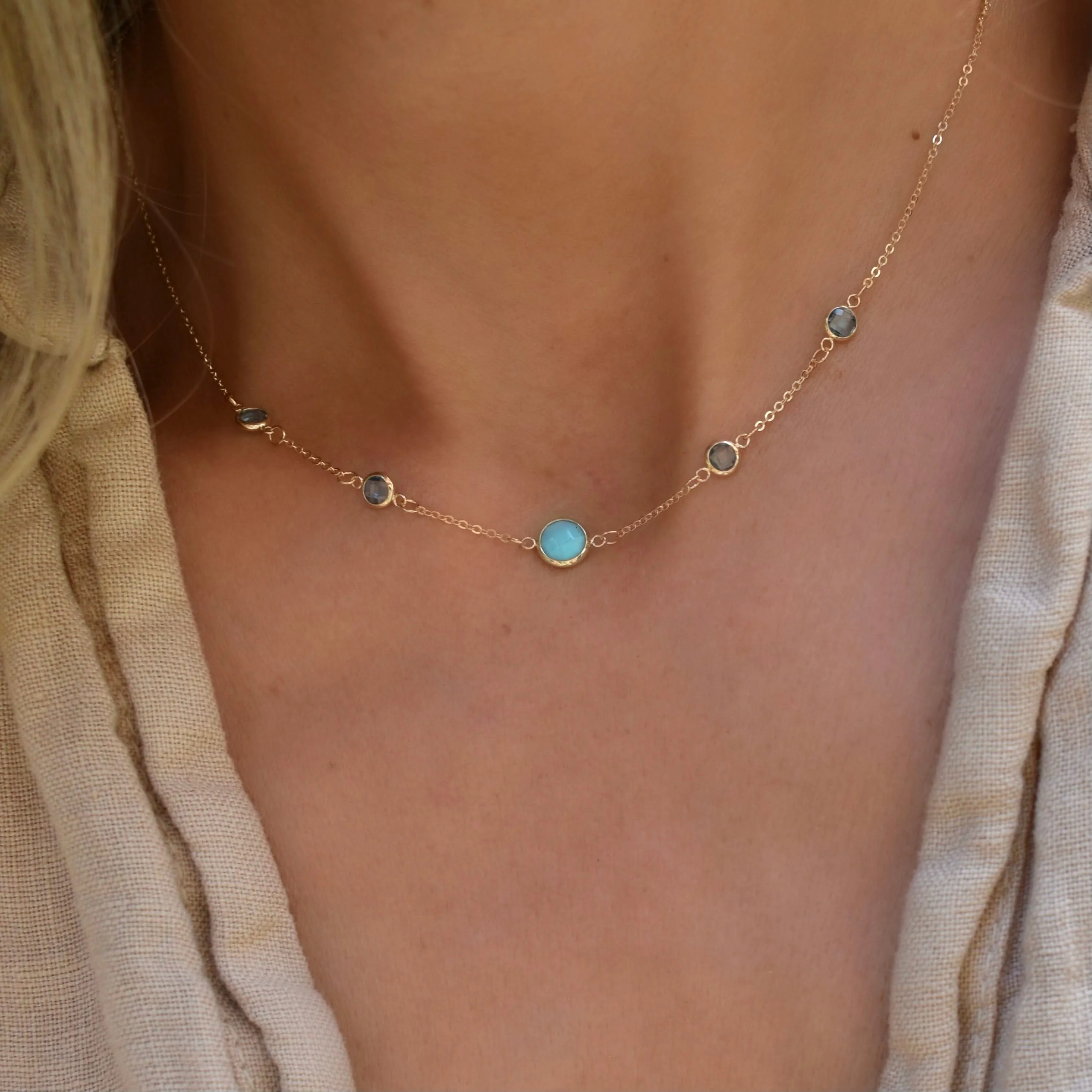 1 Grand & 4 Petite Turquoise & Nantucket Blue Topaz Necklace in 14k Gold (December) - Image 3