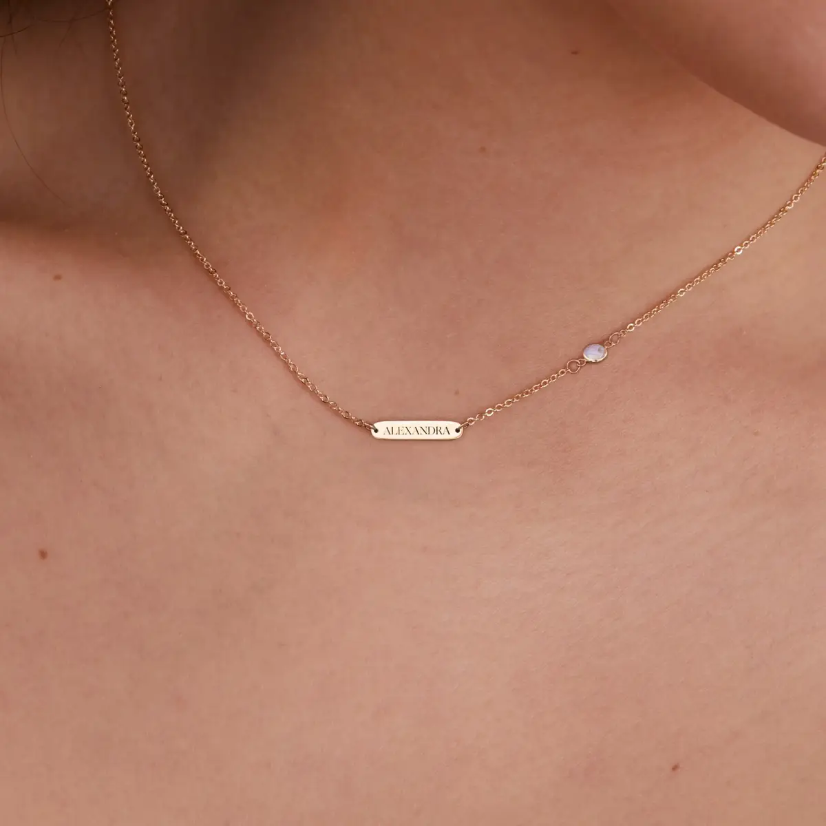 1 Nameplate & 1 Petite Moonstone Necklace in 14k Gold (June) - Image 3
