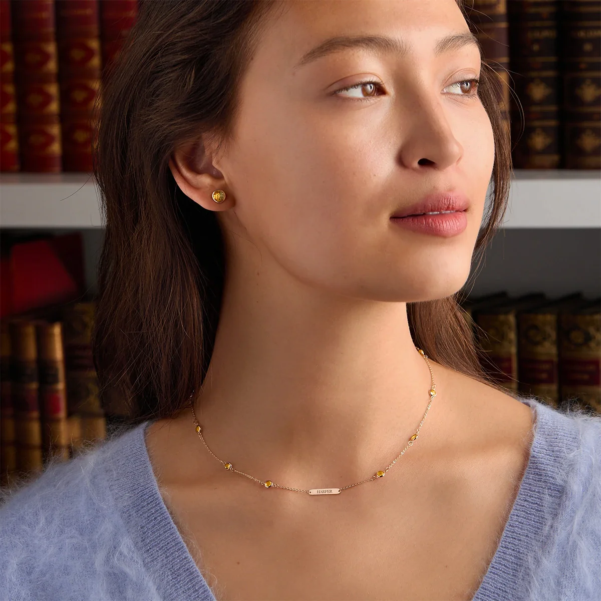 1 Nameplate & 10 Petite Citrine Necklace in 14k Gold (November) - Image 2