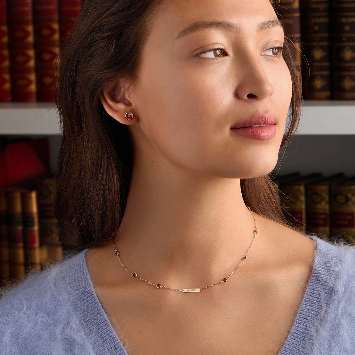 1 Nameplate & 10 Petite Garnet Necklace in 14k Gold (January) - Image 2
