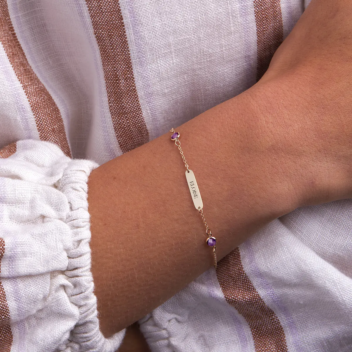 1 Nameplate & 6 Petite Amethyst Bracelet in 14k Gold (February) - Image 3
