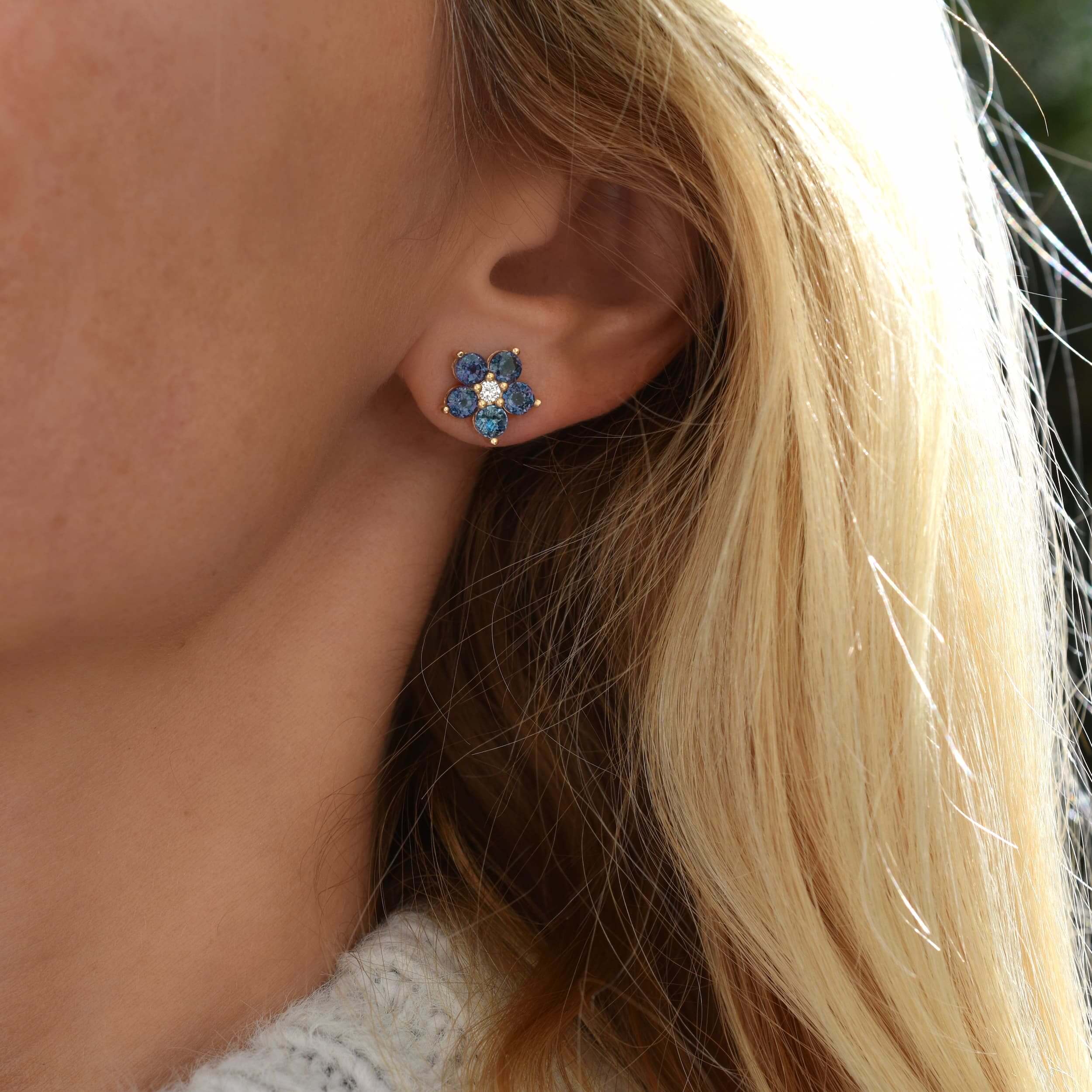 Greenwich Flower Alexandrite & Diamond Earrings in 14k Gold (June) - Image 10