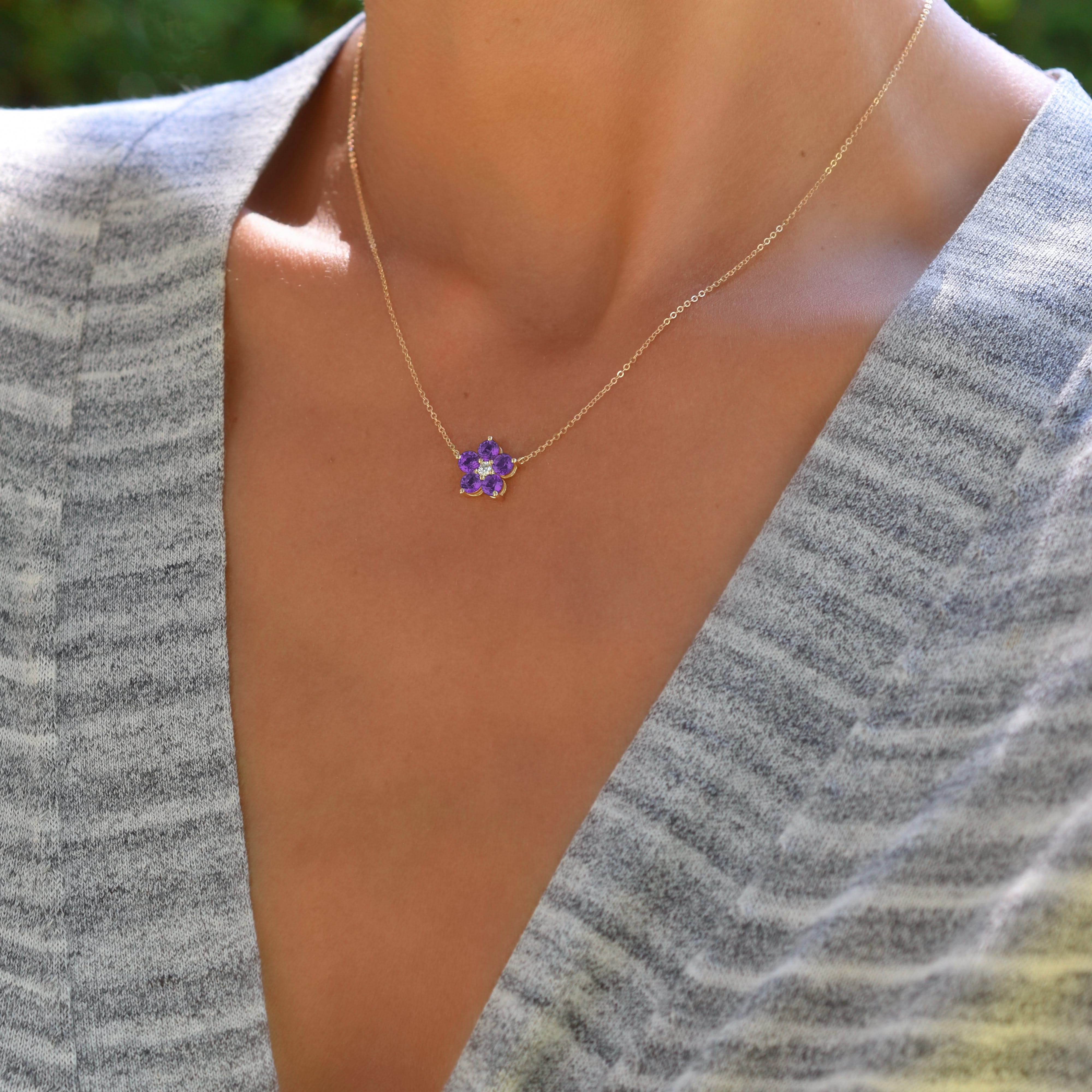 Greenwich Flower Amethyst & Diamond Necklace in 14k Gold (February) - Image 12