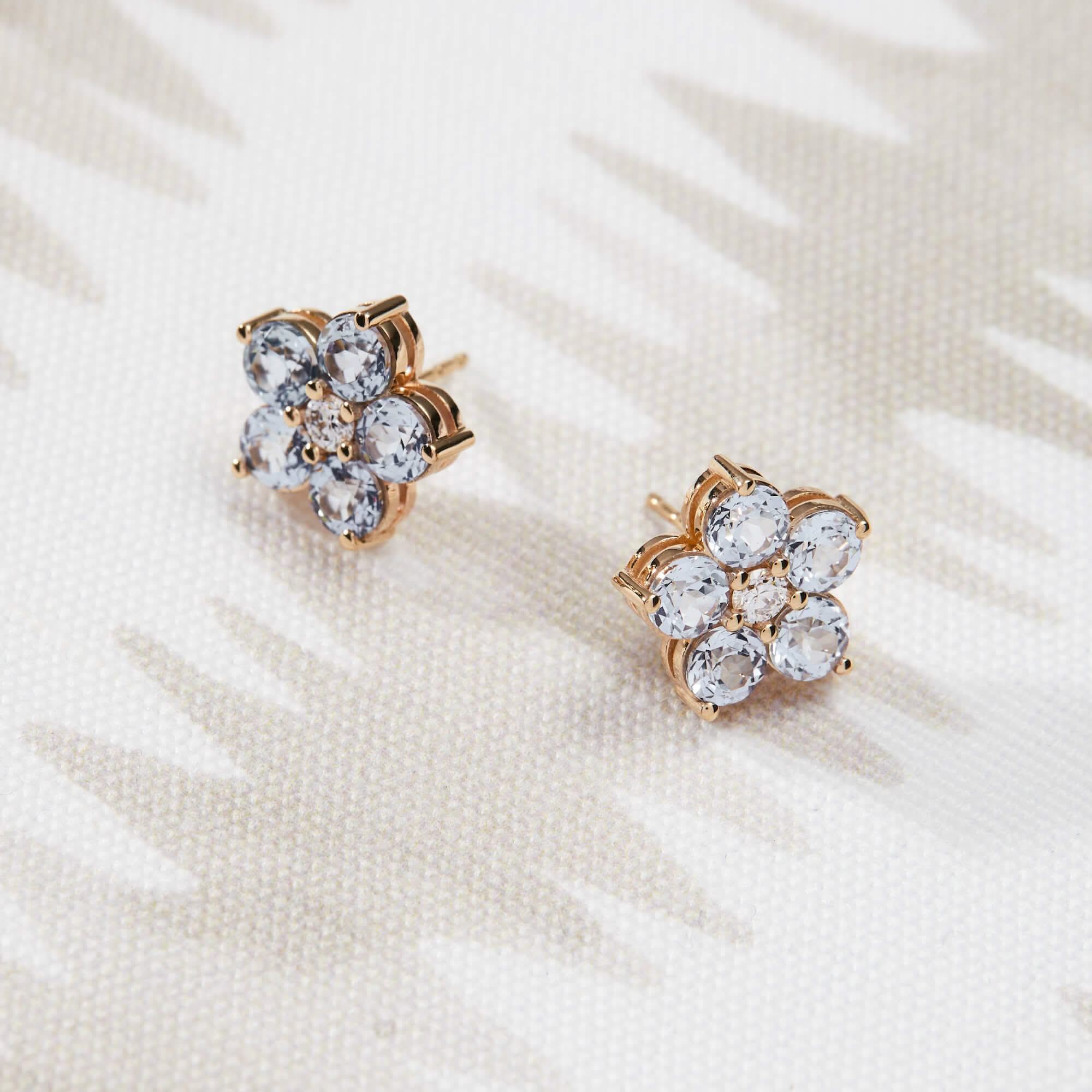 Greenwich Flower Aquamarine & Diamond Earrings in 14k Gold (March) - Image 8