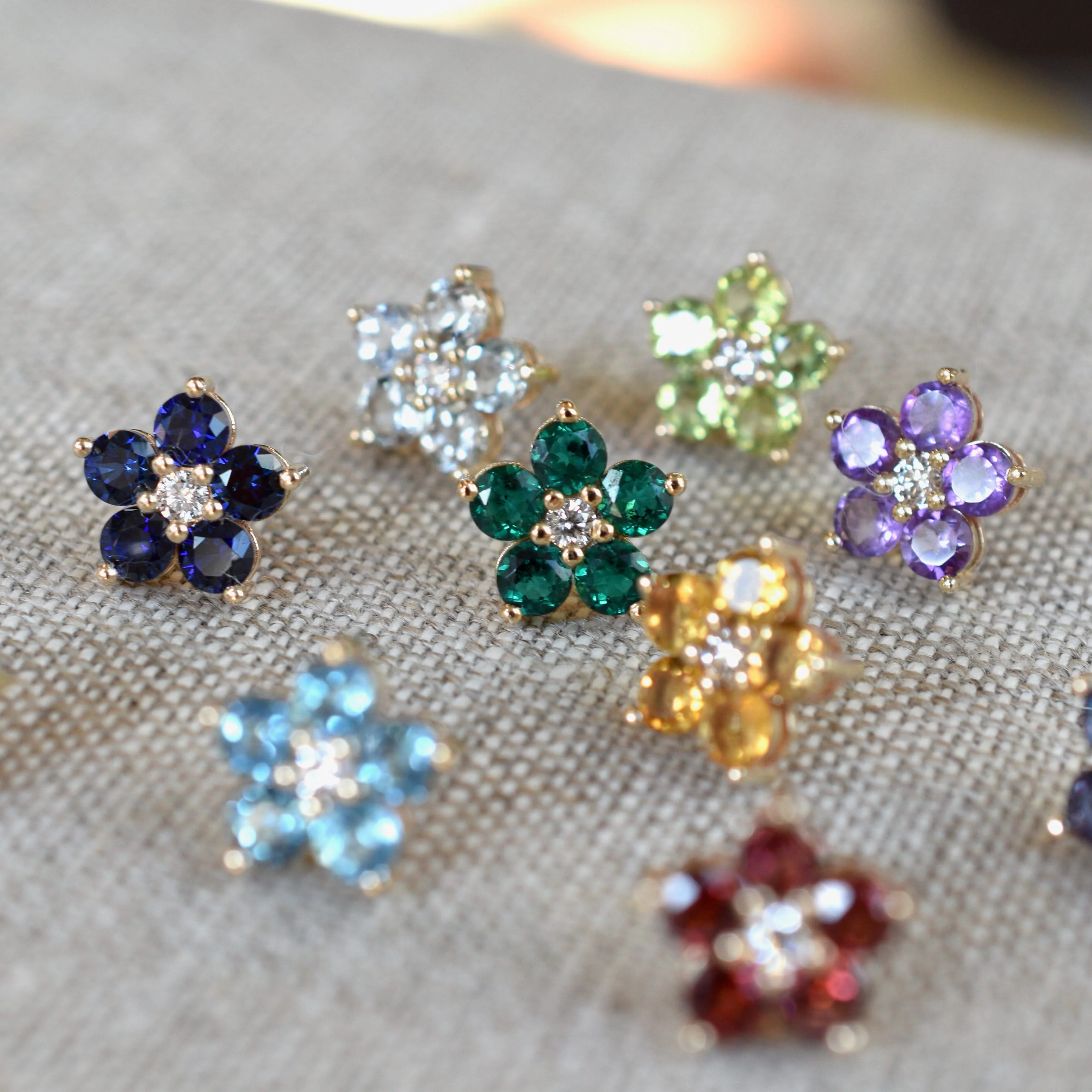 Greenwich Flower Emerald & Diamond Earrings in 14k Gold (May) - Image 8