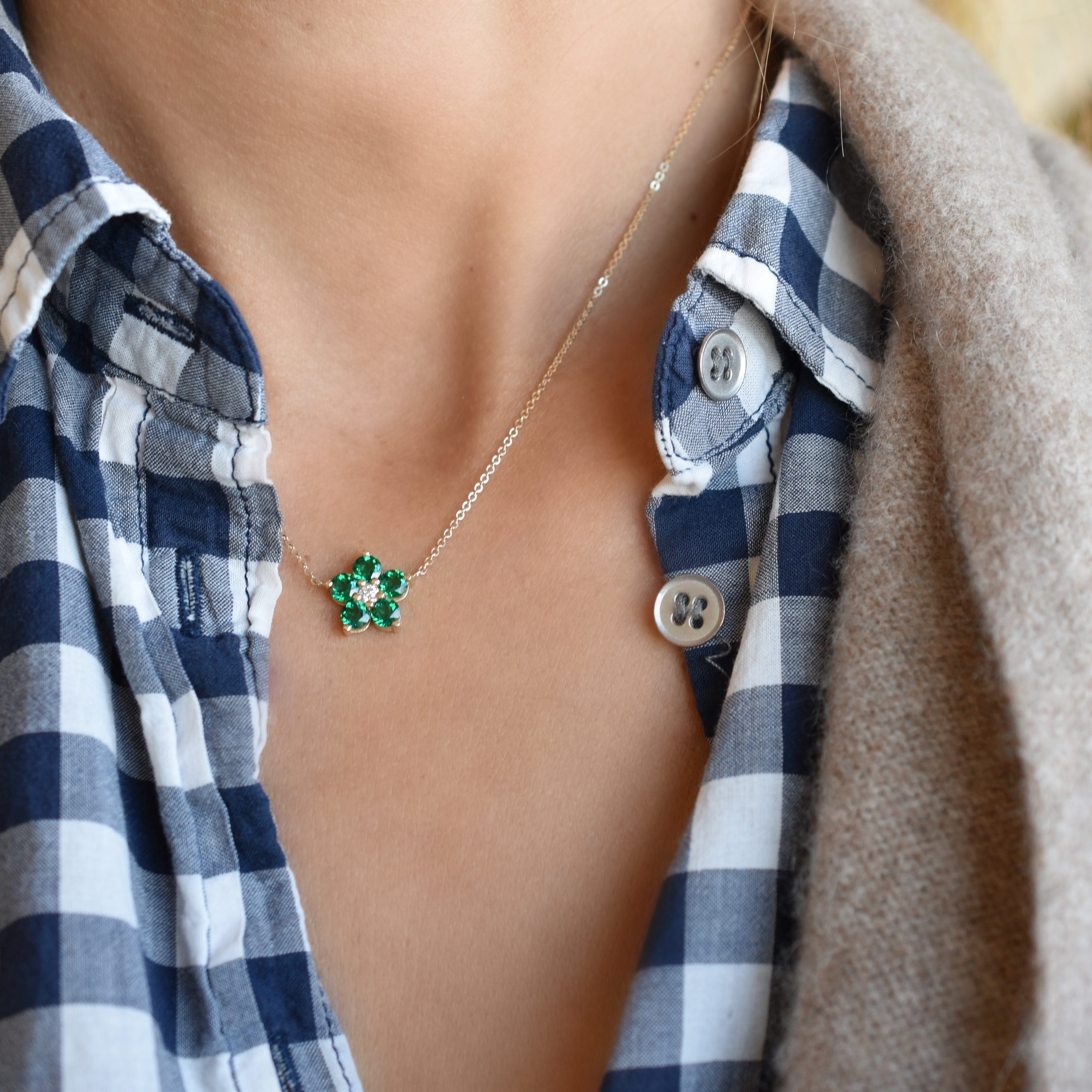 Greenwich Flower Emerald & Diamond Necklace in 14k Gold (May) - Image 11