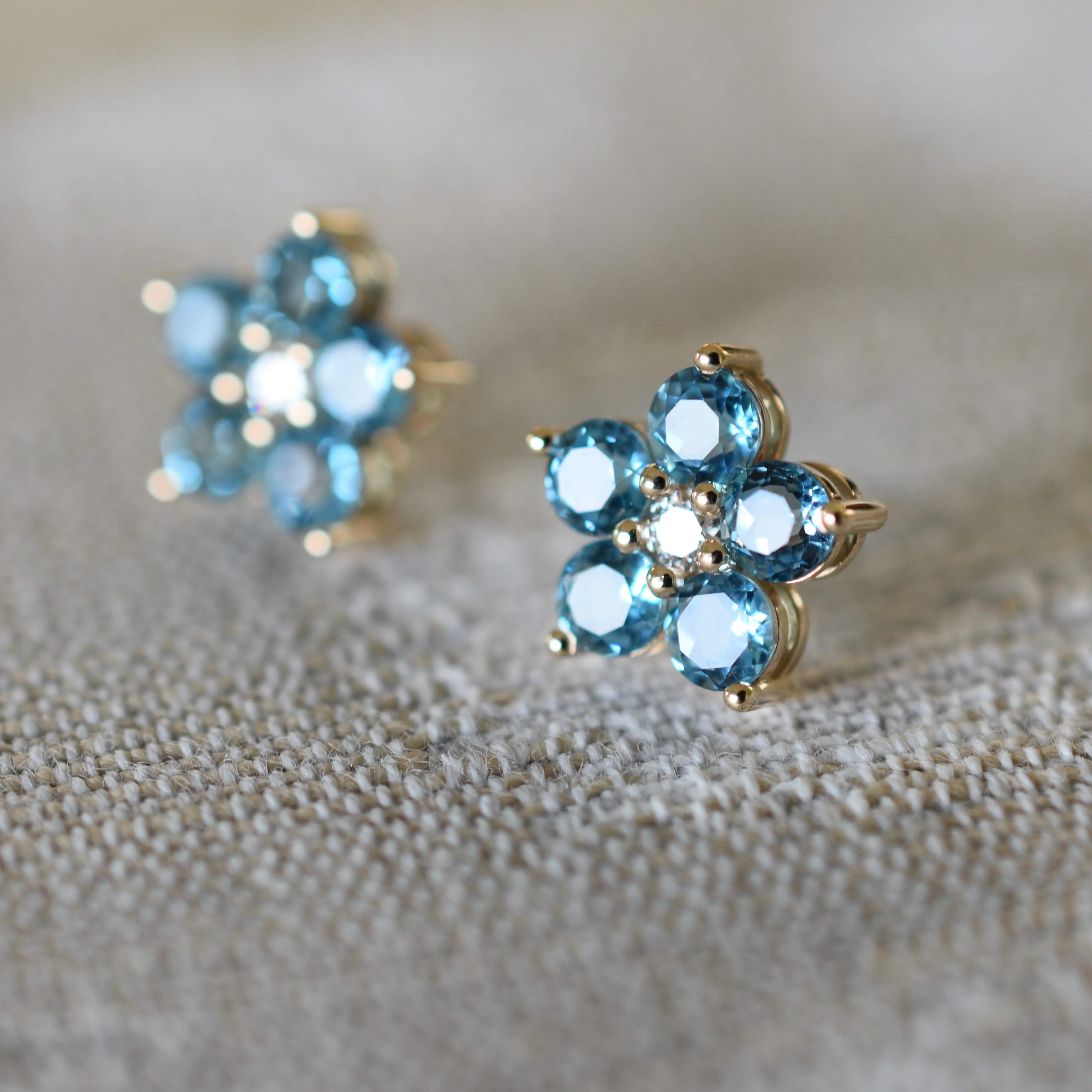 Greenwich Flower Nantucket Blue Topaz & Diamond Earrings in 14k Gold (December) - Image 8