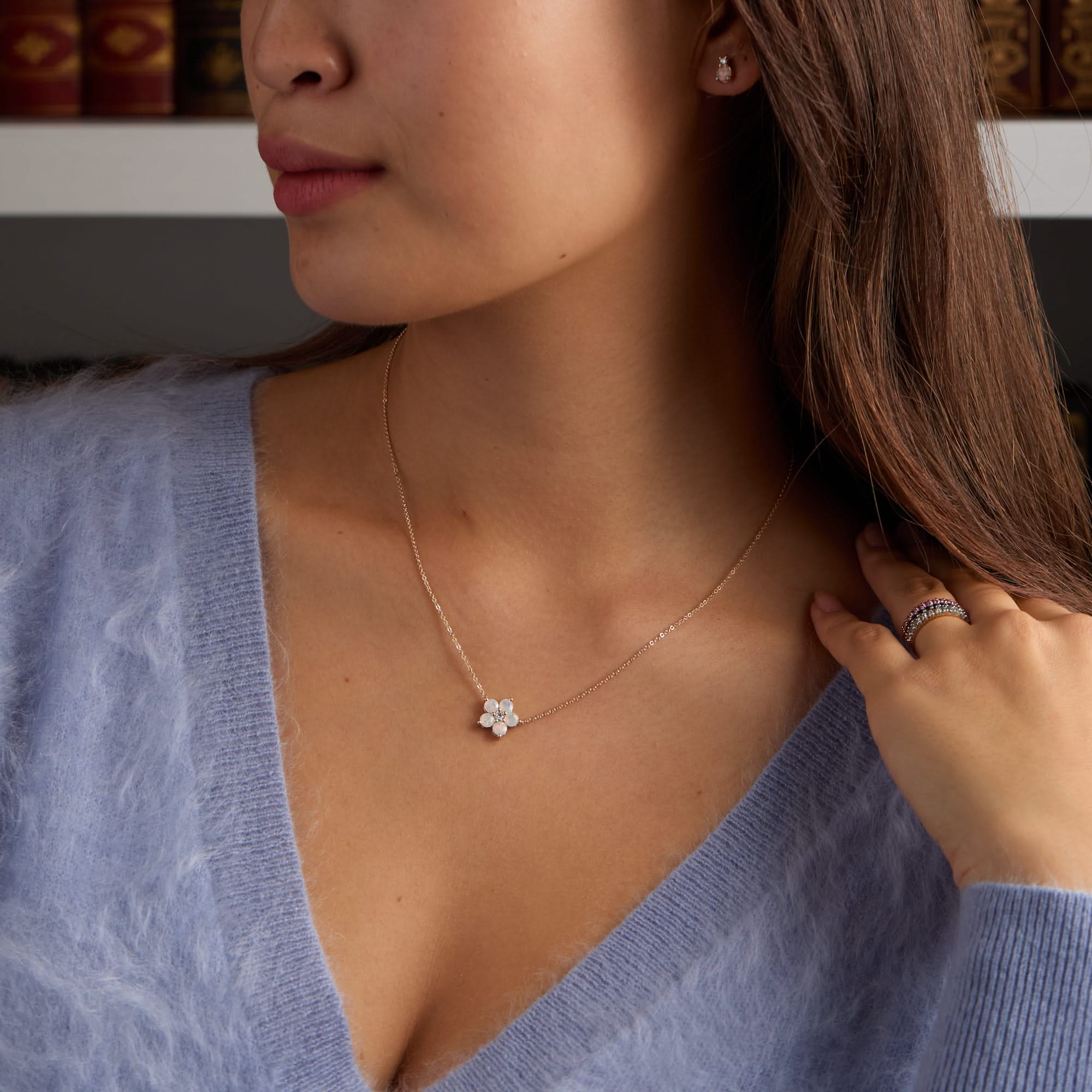 Greenwich Flower Opal & Diamond Necklace in 14k Gold (October) - Image 9