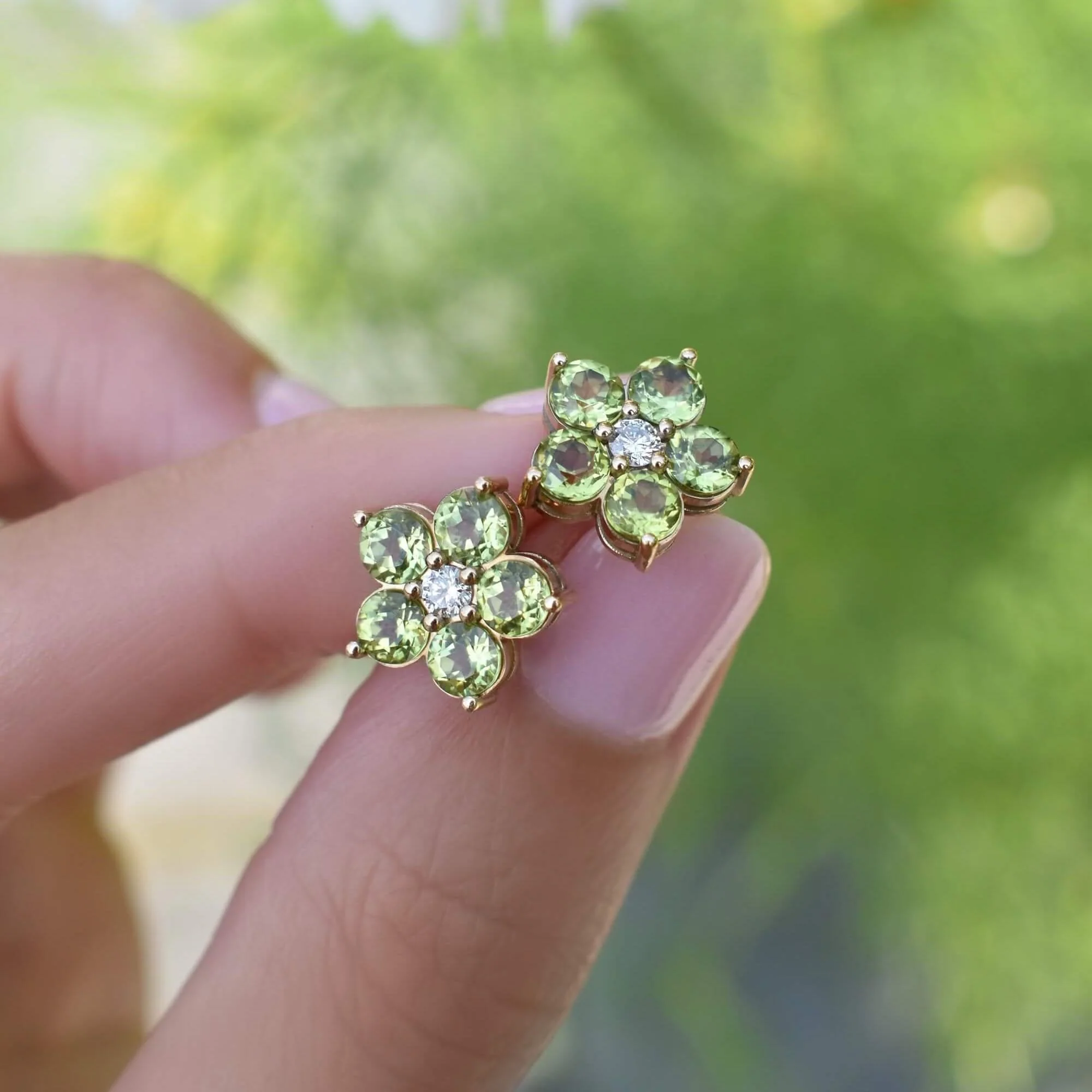 Greenwich Flower Peridot & Diamond Earrings in 14k Gold (August) - Image 9
