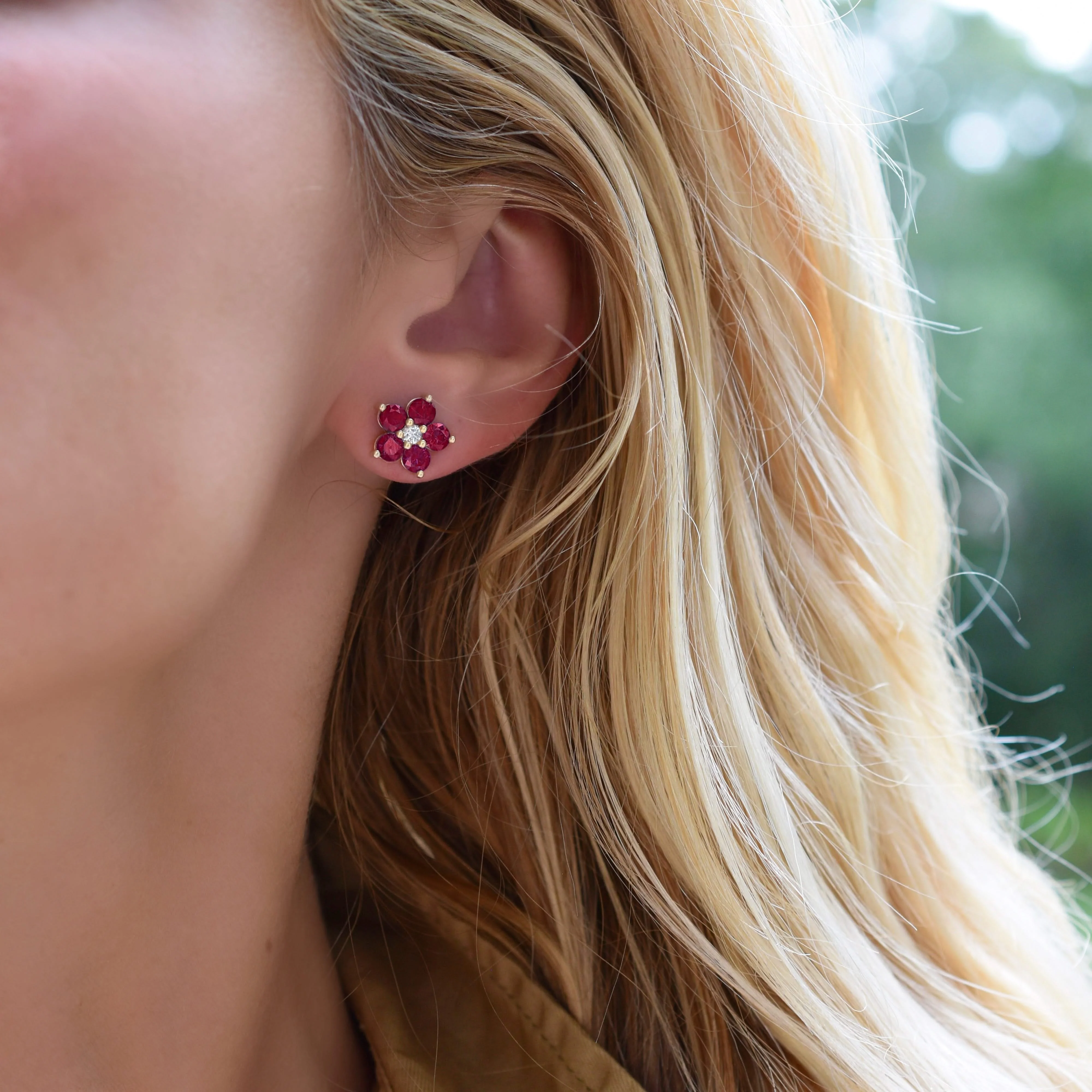 Greenwich Flower Ruby & Diamond Earrings in 14k Gold (July) - Image 10