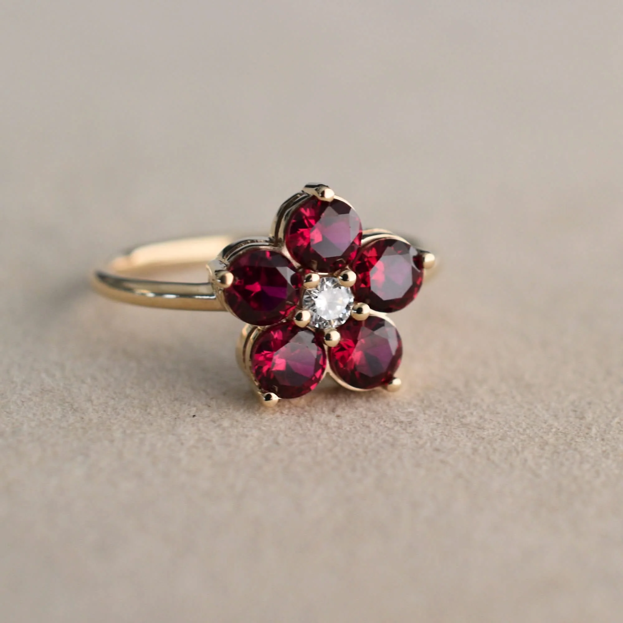 Greenwich Flower Ruby & Diamond Ring in 14k Gold (July) - Image 8