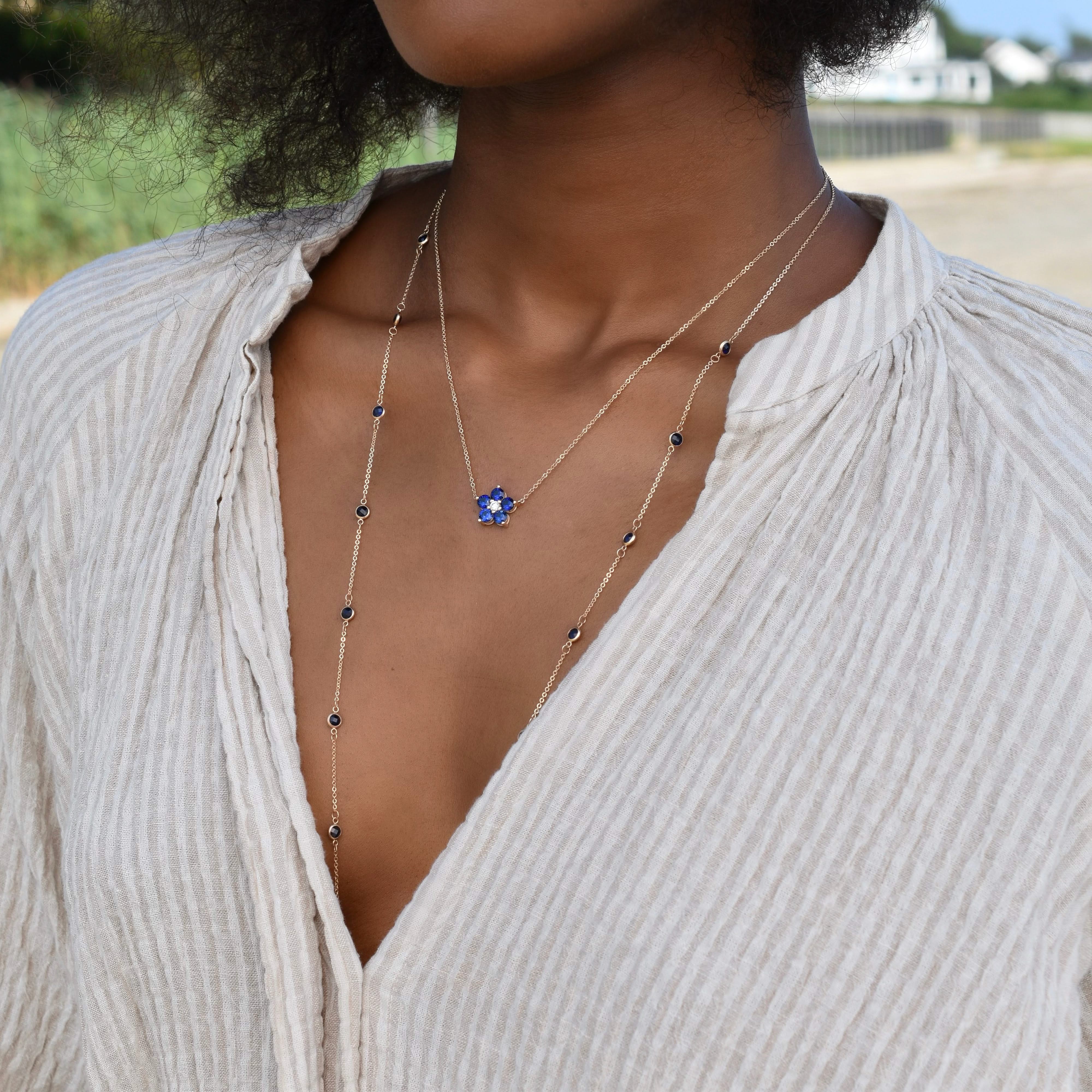 Greenwich Flower Sapphire & Diamond Necklace in 14k Gold (September) - Image 11