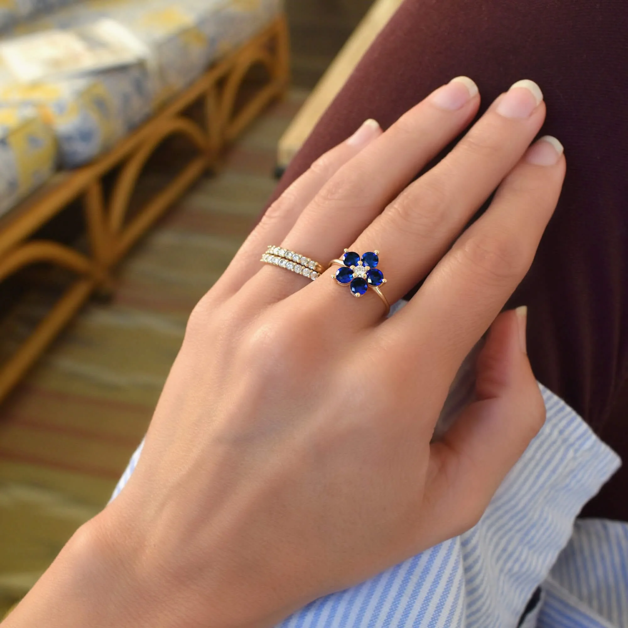 Greenwich Flower Sapphire & Diamond Ring in 14k Gold (September) - Image 6