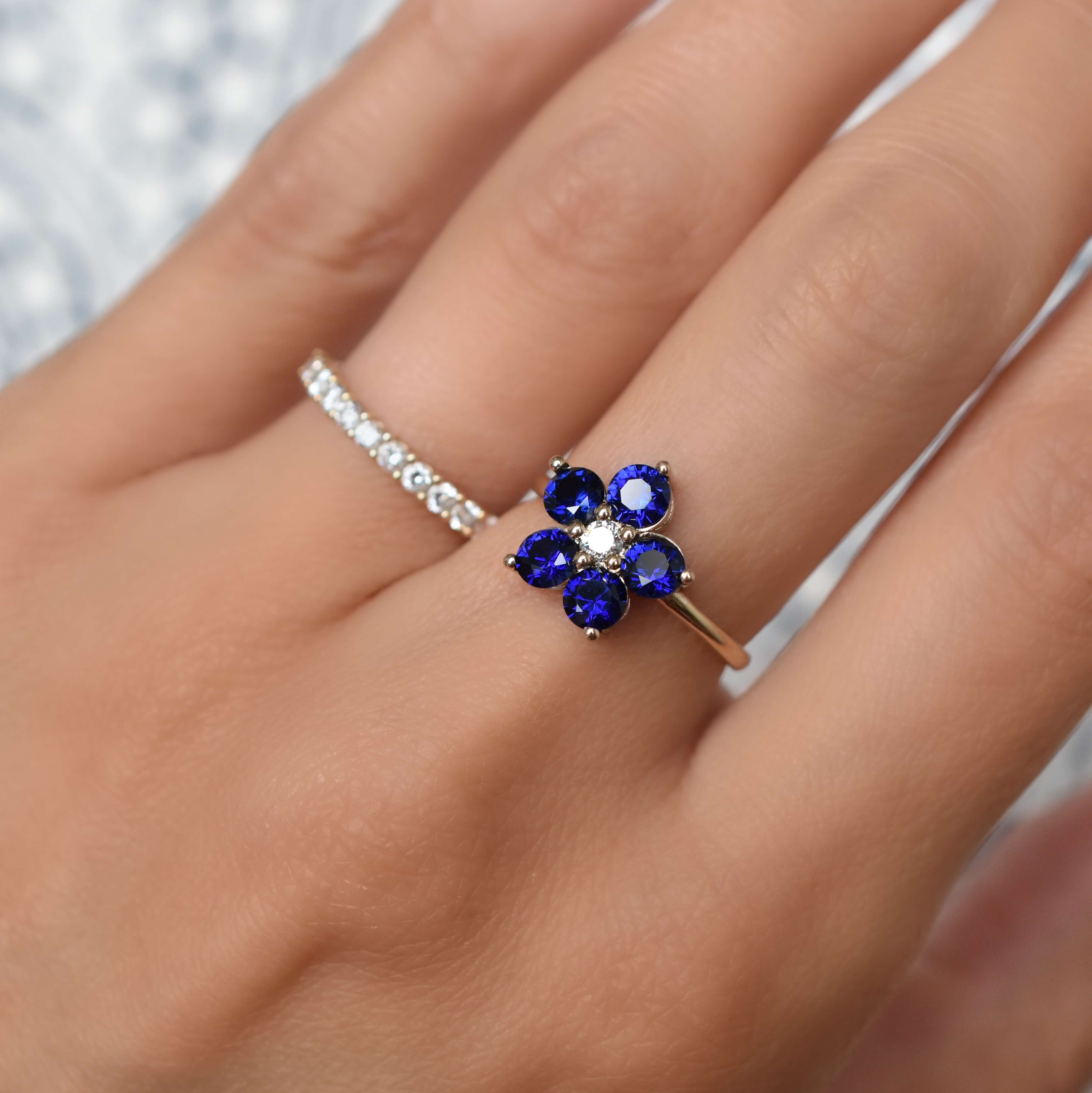 Greenwich Flower Sapphire & Diamond Ring in 14k Gold (September) - Image 7