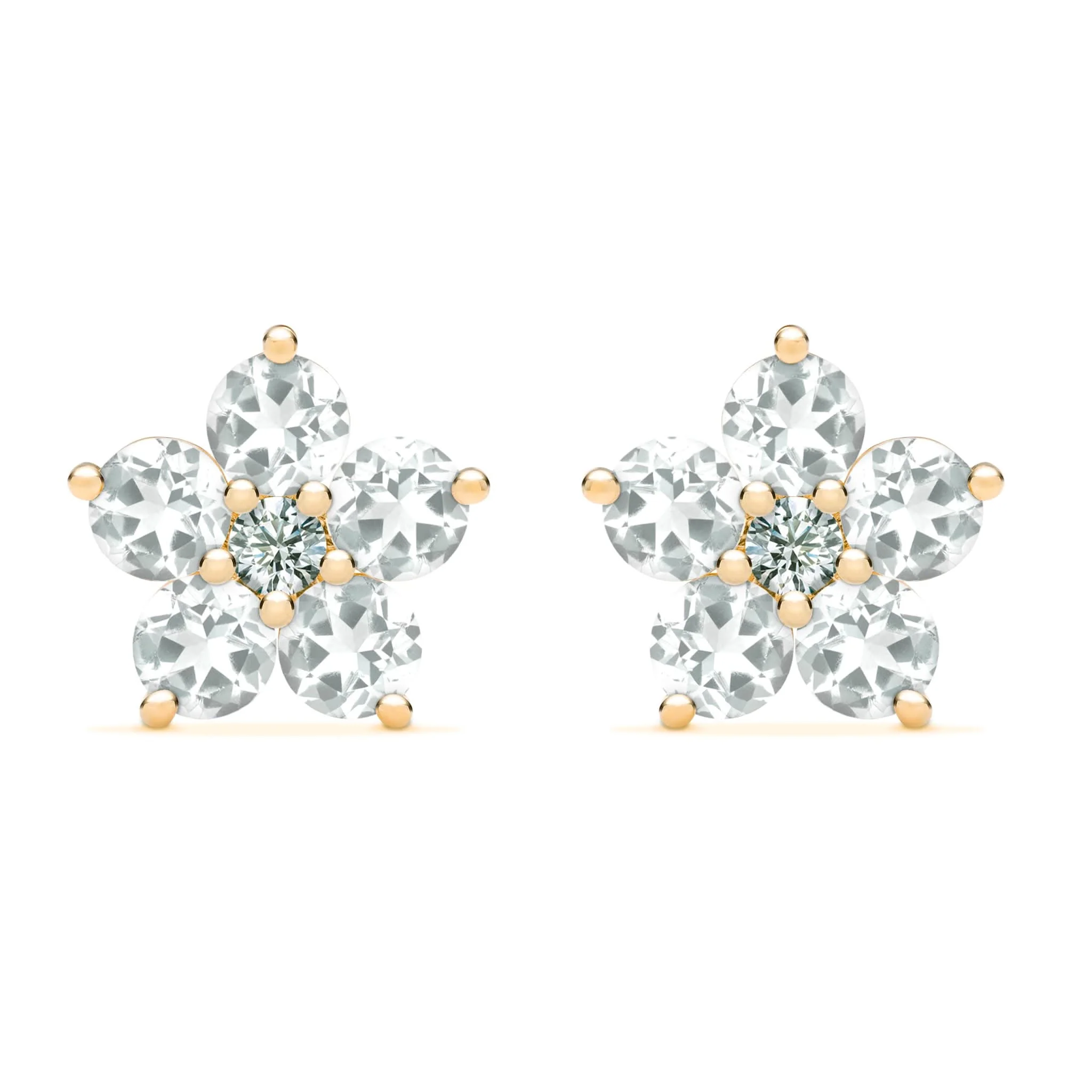 Greenwich Flower White Topaz & Diamond Earrings in 14k Gold (April)