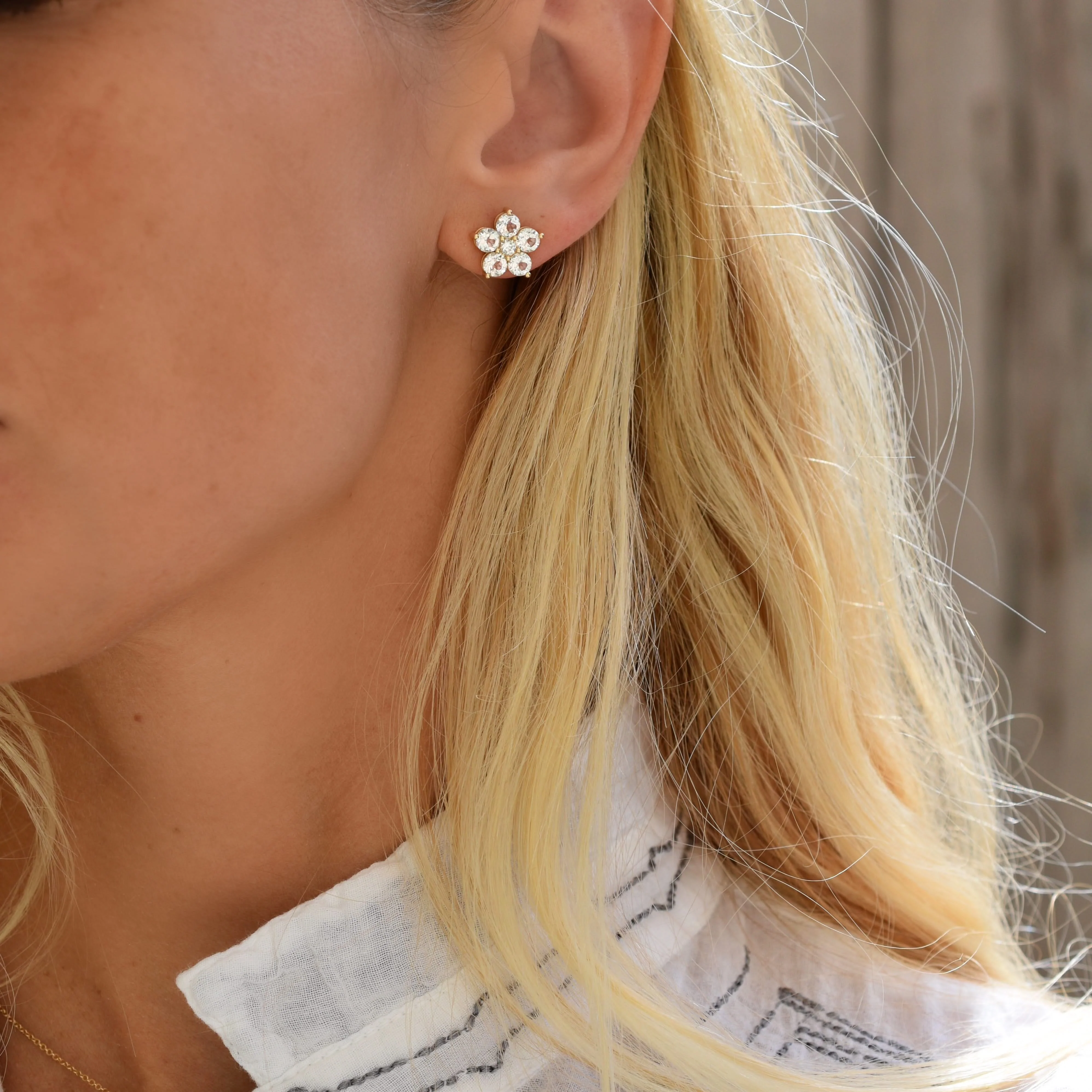 Greenwich Flower White Topaz & Diamond Earrings in 14k Gold (April) - Image 10