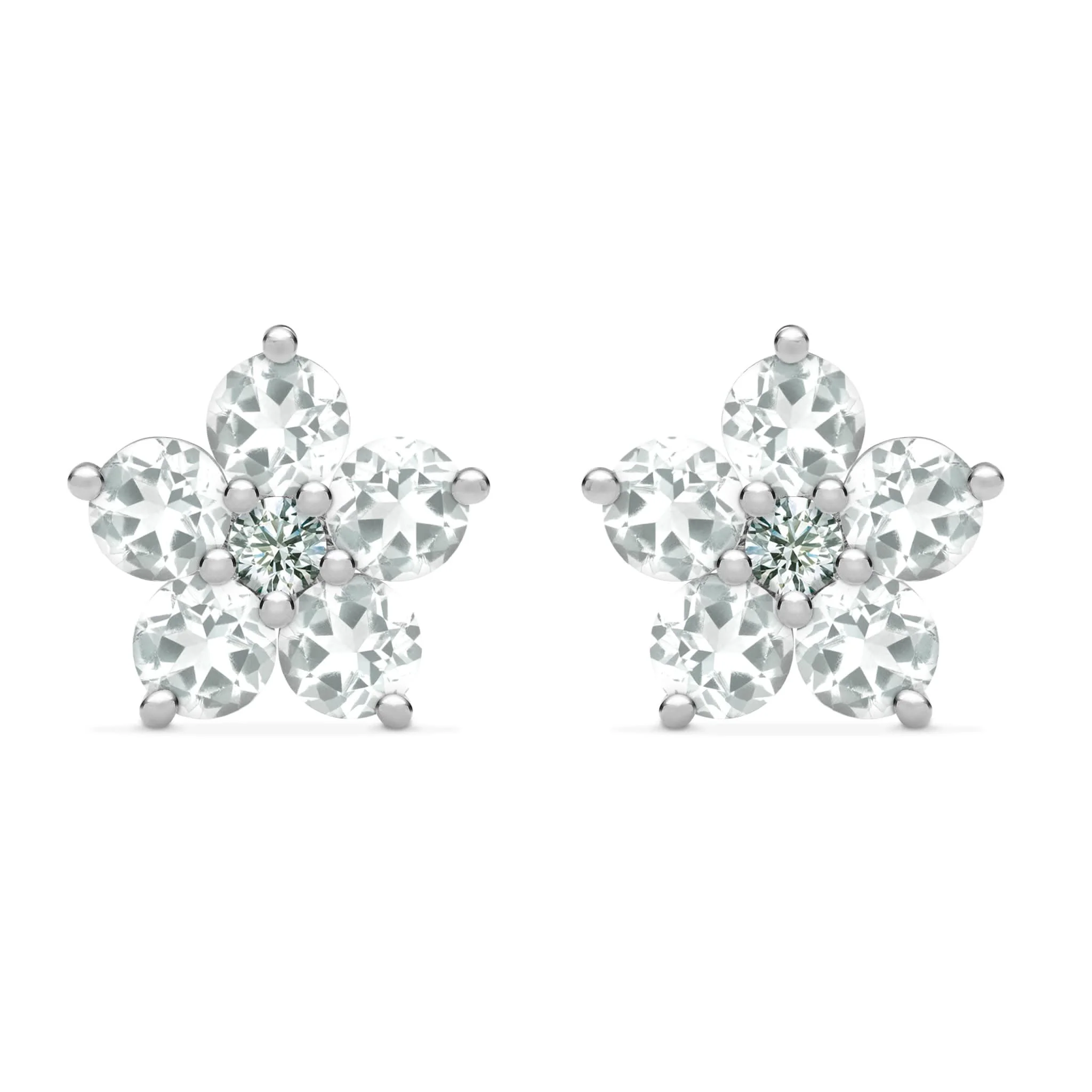 Greenwich Flower White Topaz & Diamond Earrings in 14k Gold (April) - Image 5