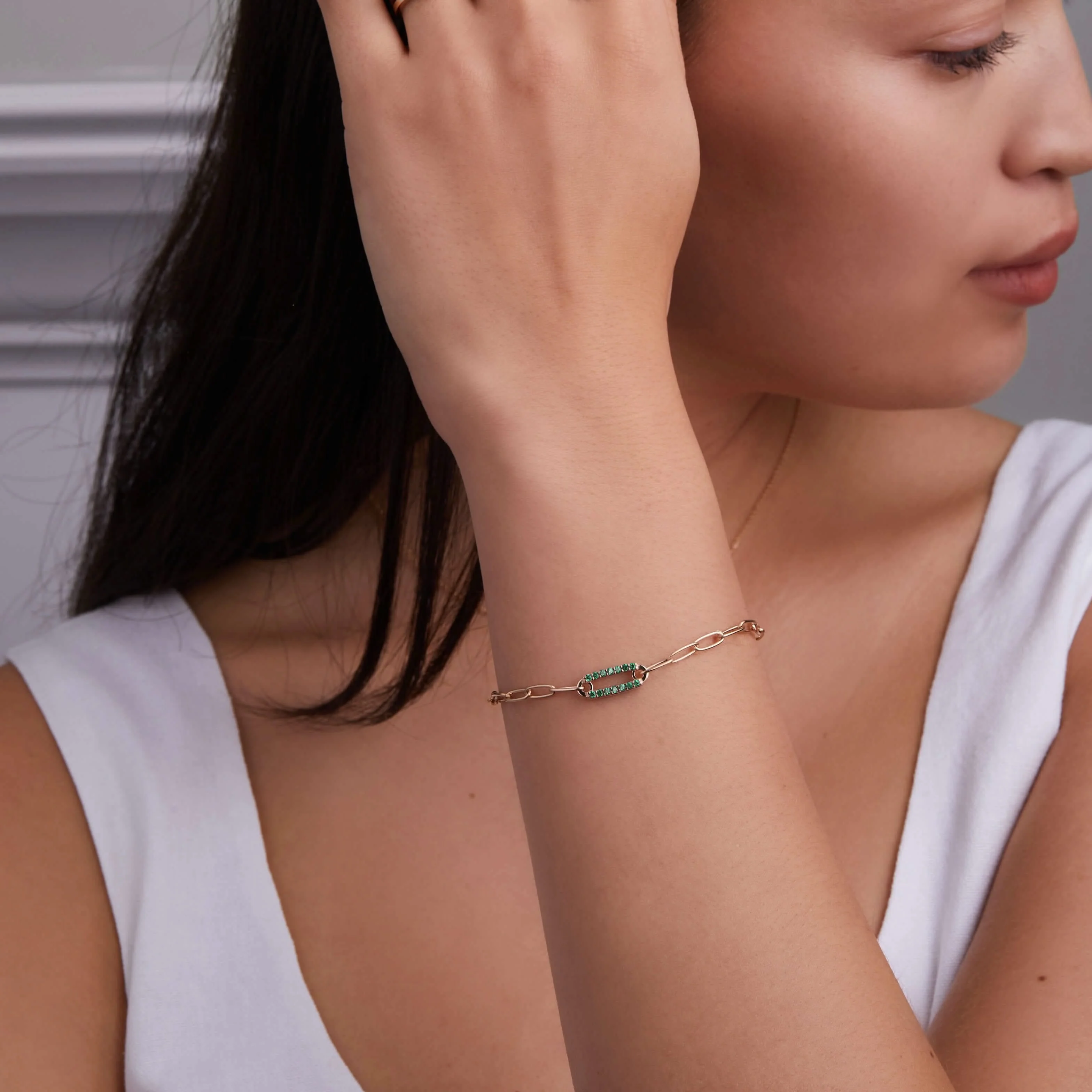 Adelaide 1 Pavé Emerald Link Bracelet in 14k Gold (May) - Image 2