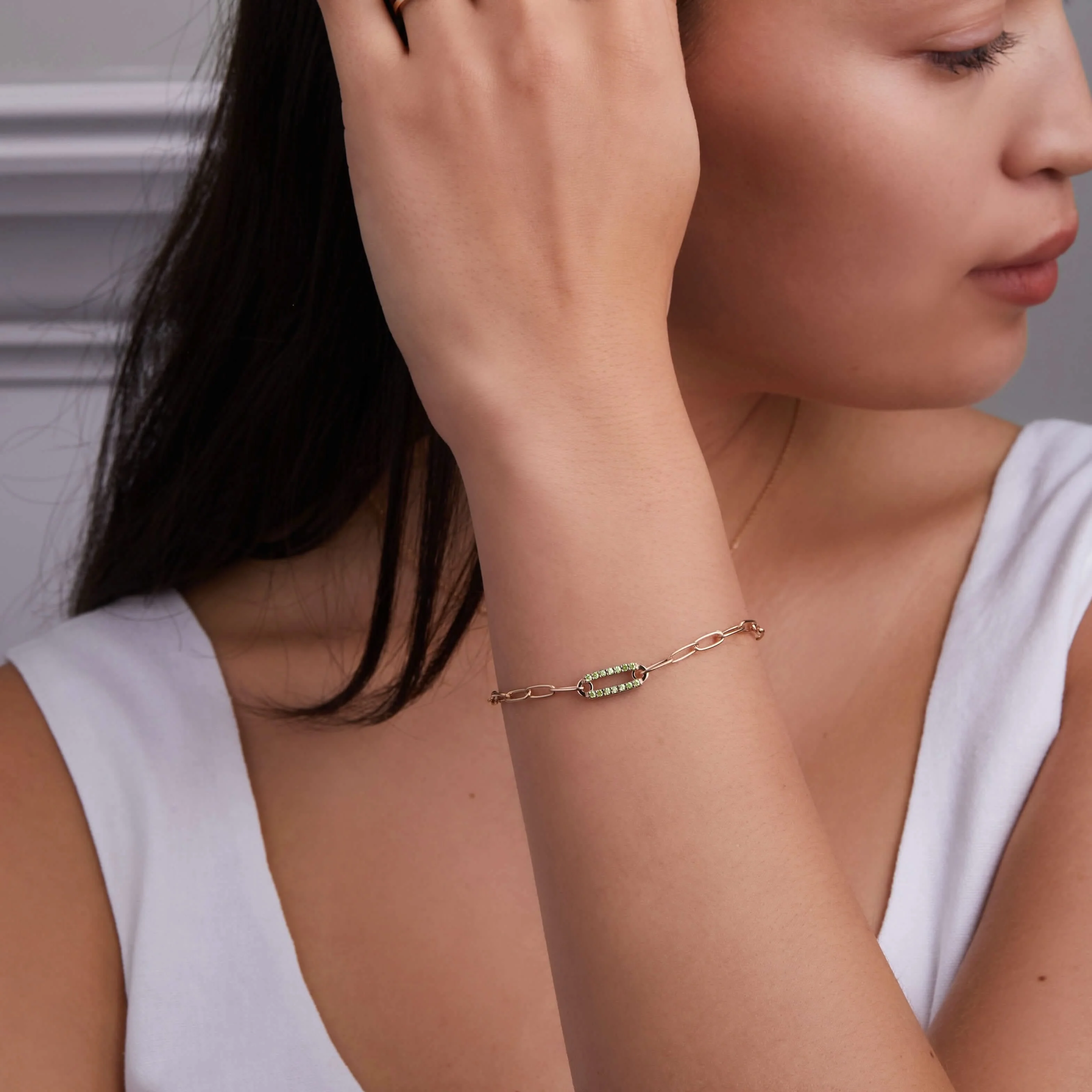 Adelaide 1 Pavé Peridot Link Bracelet in 14k Gold (August) - Image 2