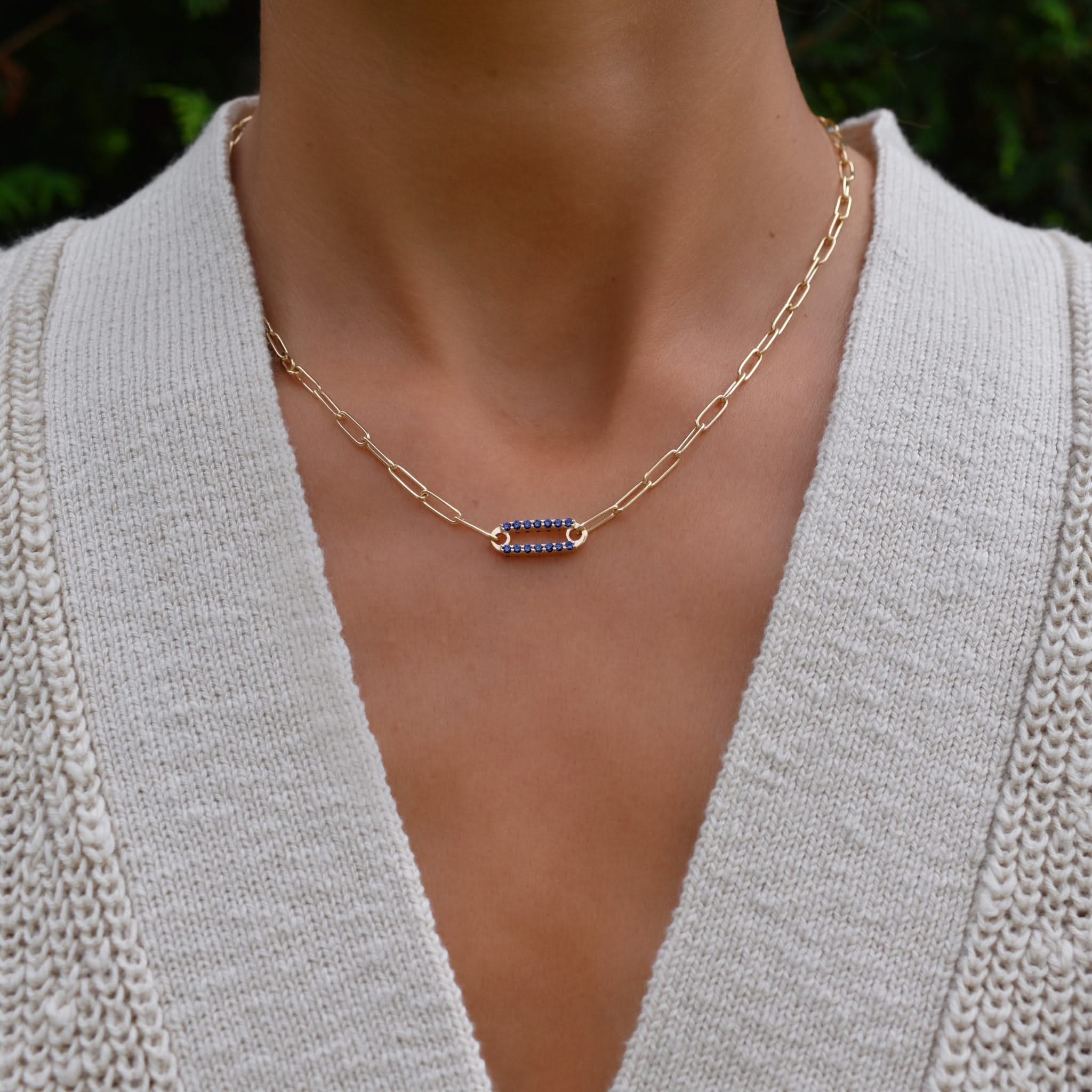Adelaide 1 Pavé Sapphire Link Necklace in 14k Gold (September) - Image 2
