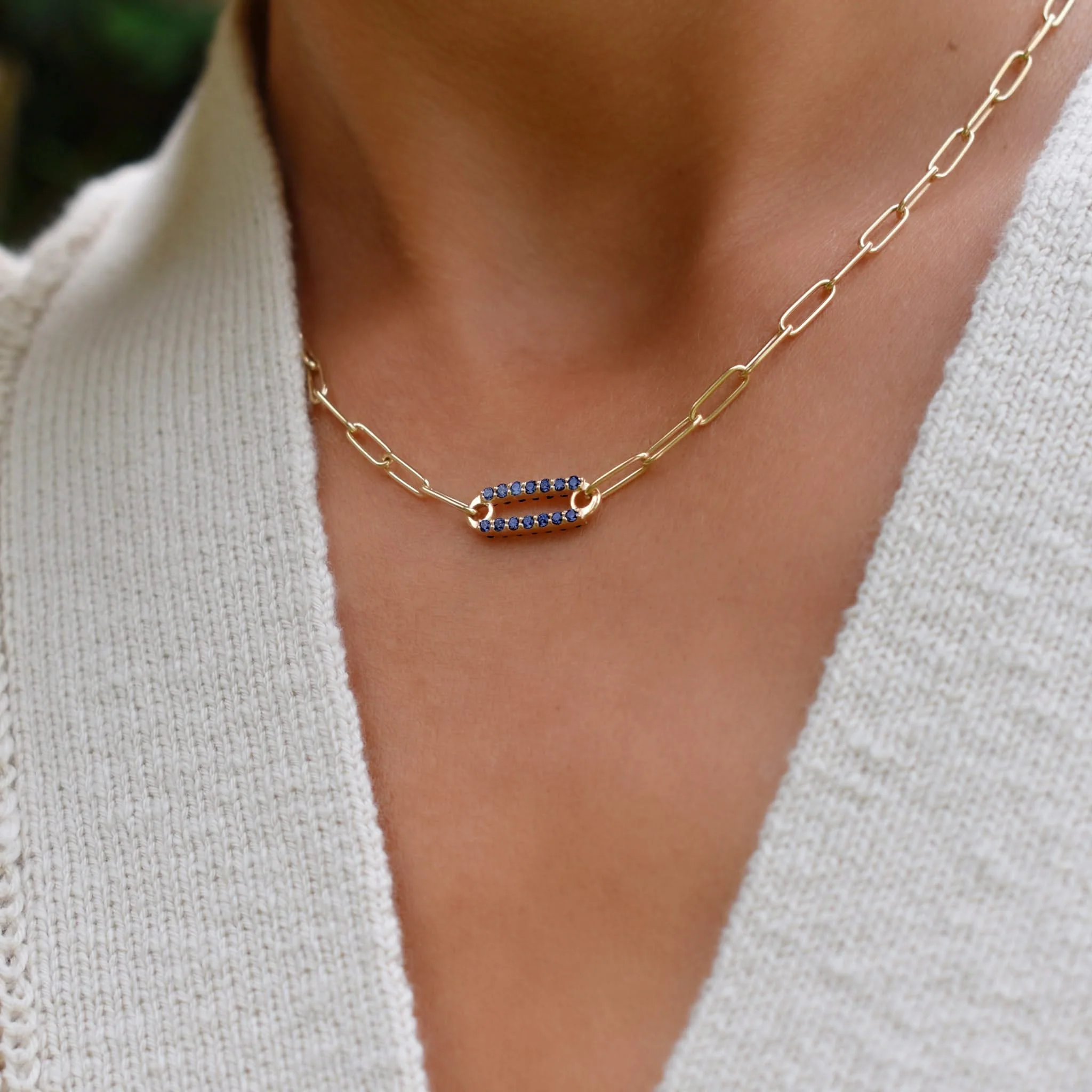 Adelaide 1 Pavé Sapphire Link Necklace in 14k Gold (September) - Image 3