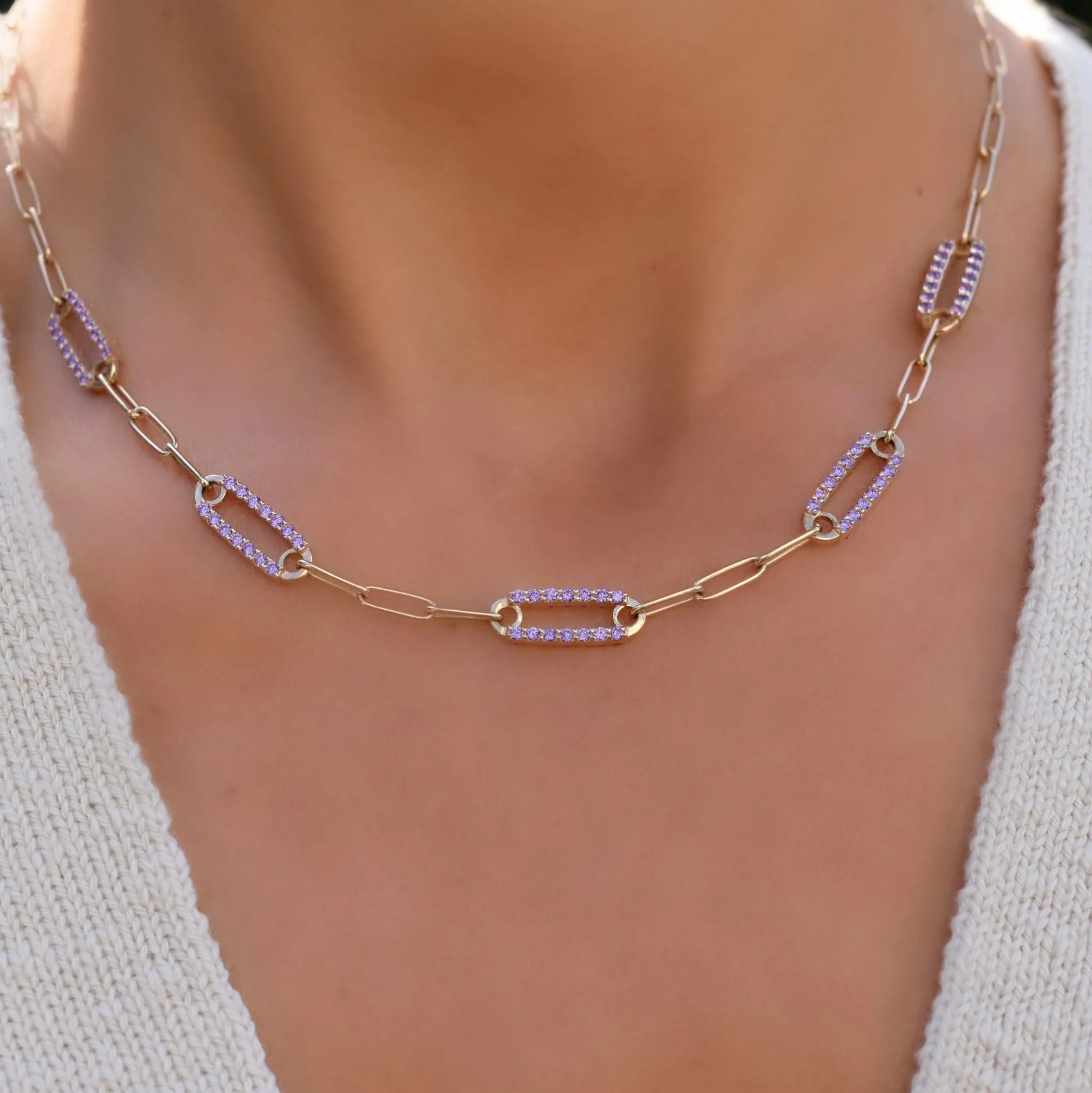 Adelaide 5 Pavé Amethyst Link Necklace in 14k Gold (February) - Image 3