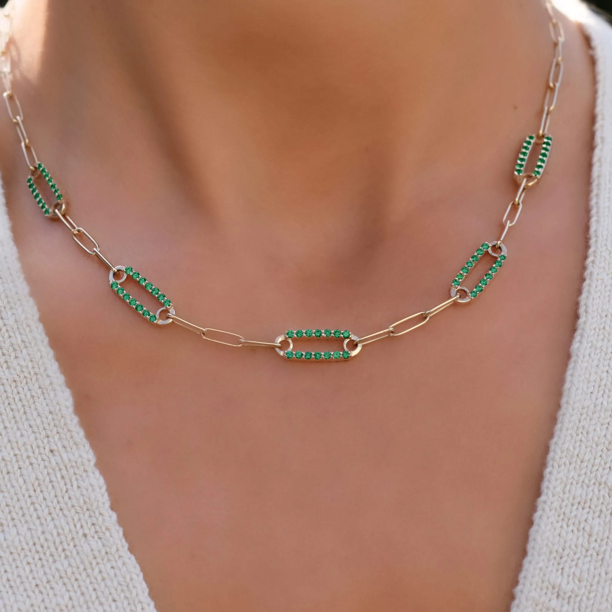 Adelaide 5 Pavé Emerald Link Necklace in 14k Gold (May) - Image 3