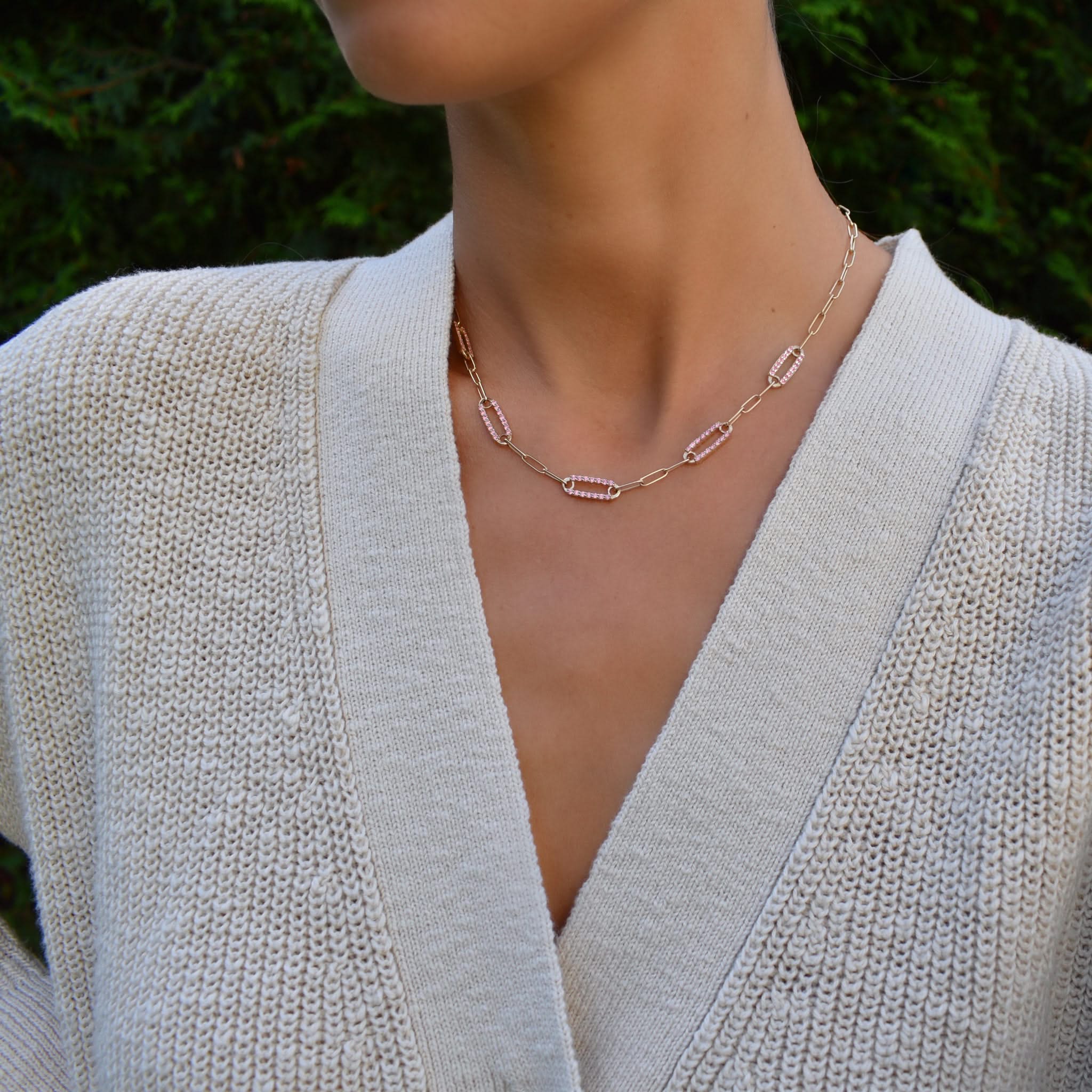 Adelaide 5 Pavé Pink Sapphire Link Necklace in 14k Gold (October) - Image 2