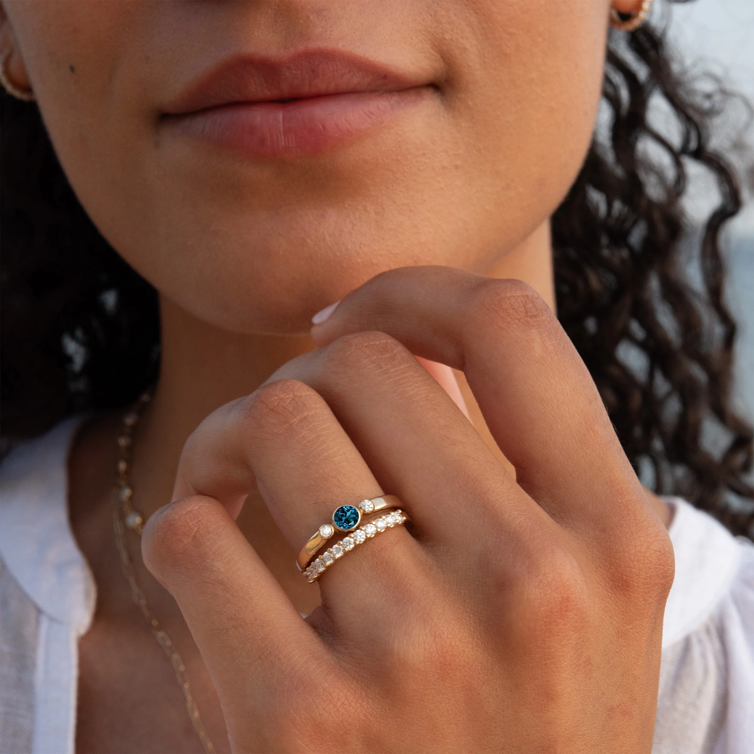 Barrington Atlantic Blue Topaz Ring with Diamond Side Stones in 14k Gold (December) - Image 2