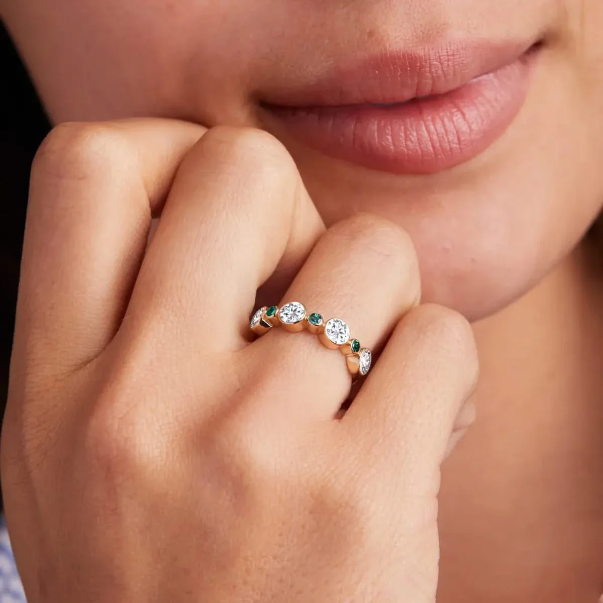 Barrington Diamond Band Ring with Emeralds in 14k Gold (May) - Image 3
