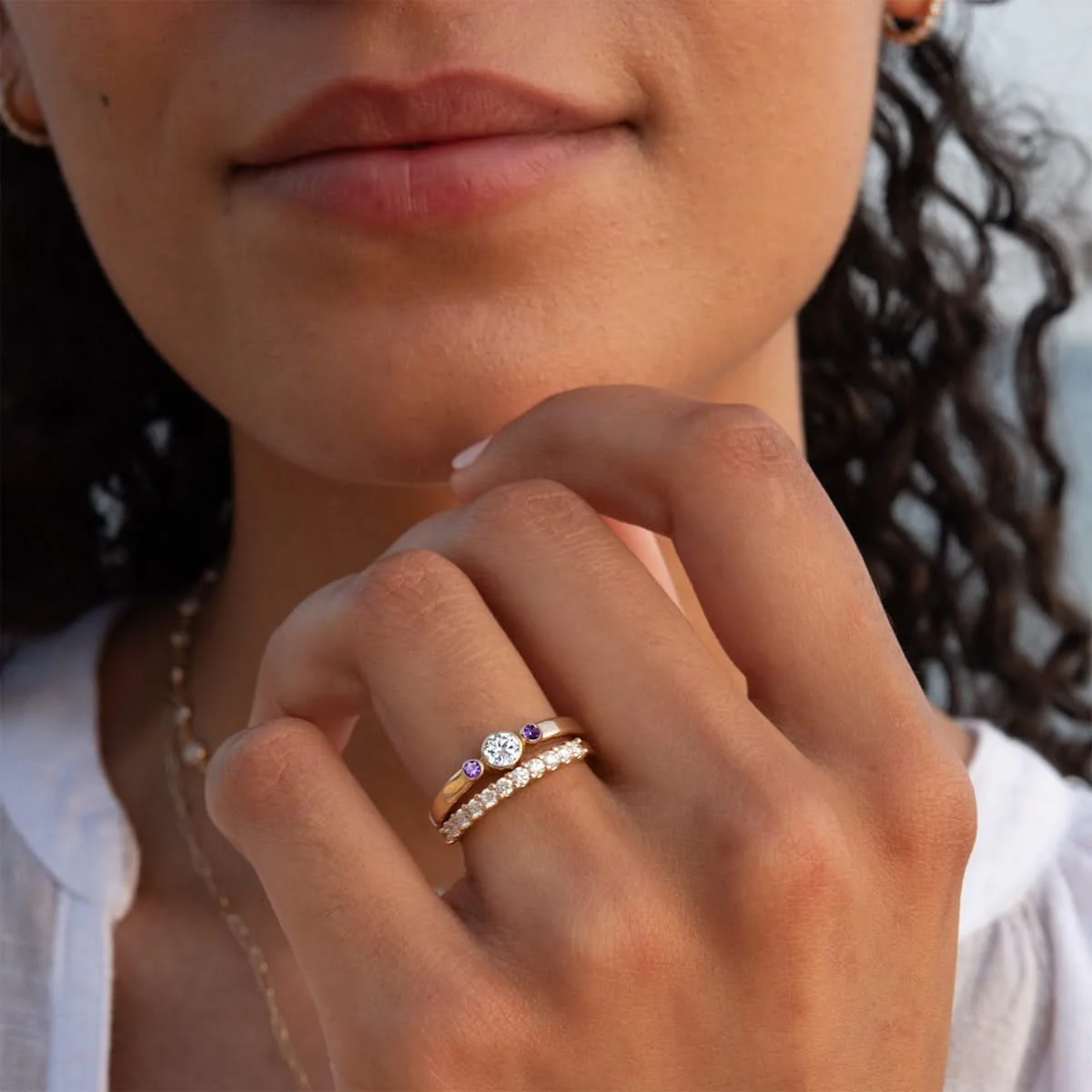 Barrington Diamond Ring with Amethyst Side Stones in 14k Gold (February) - Image 3