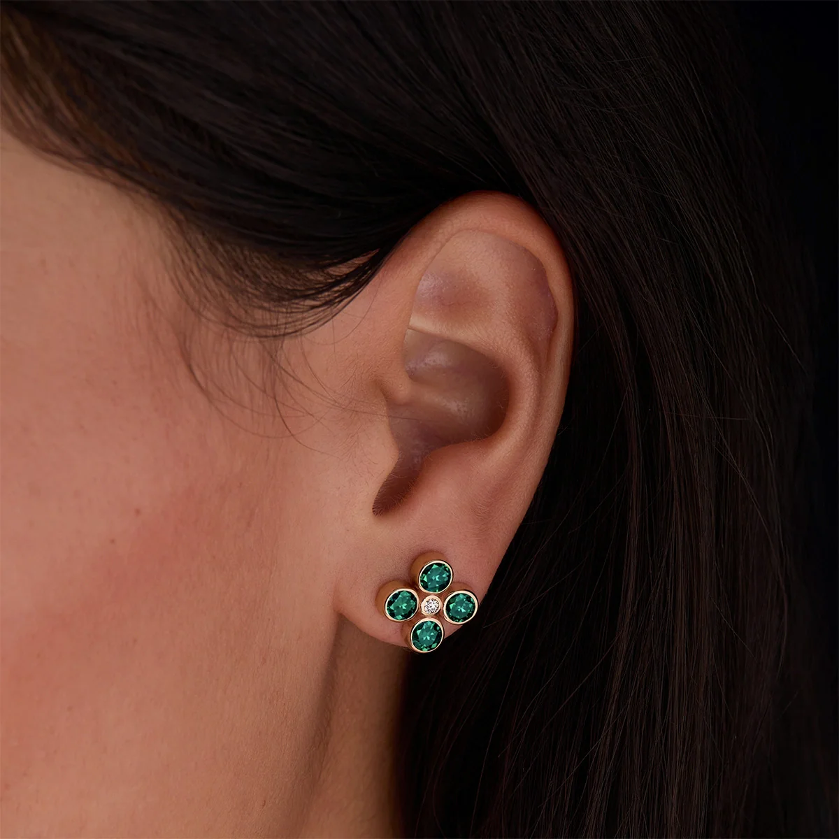 Barrington Quatrefoil Emerald & Diamond Earrings in 14k Gold (May) - Image 3