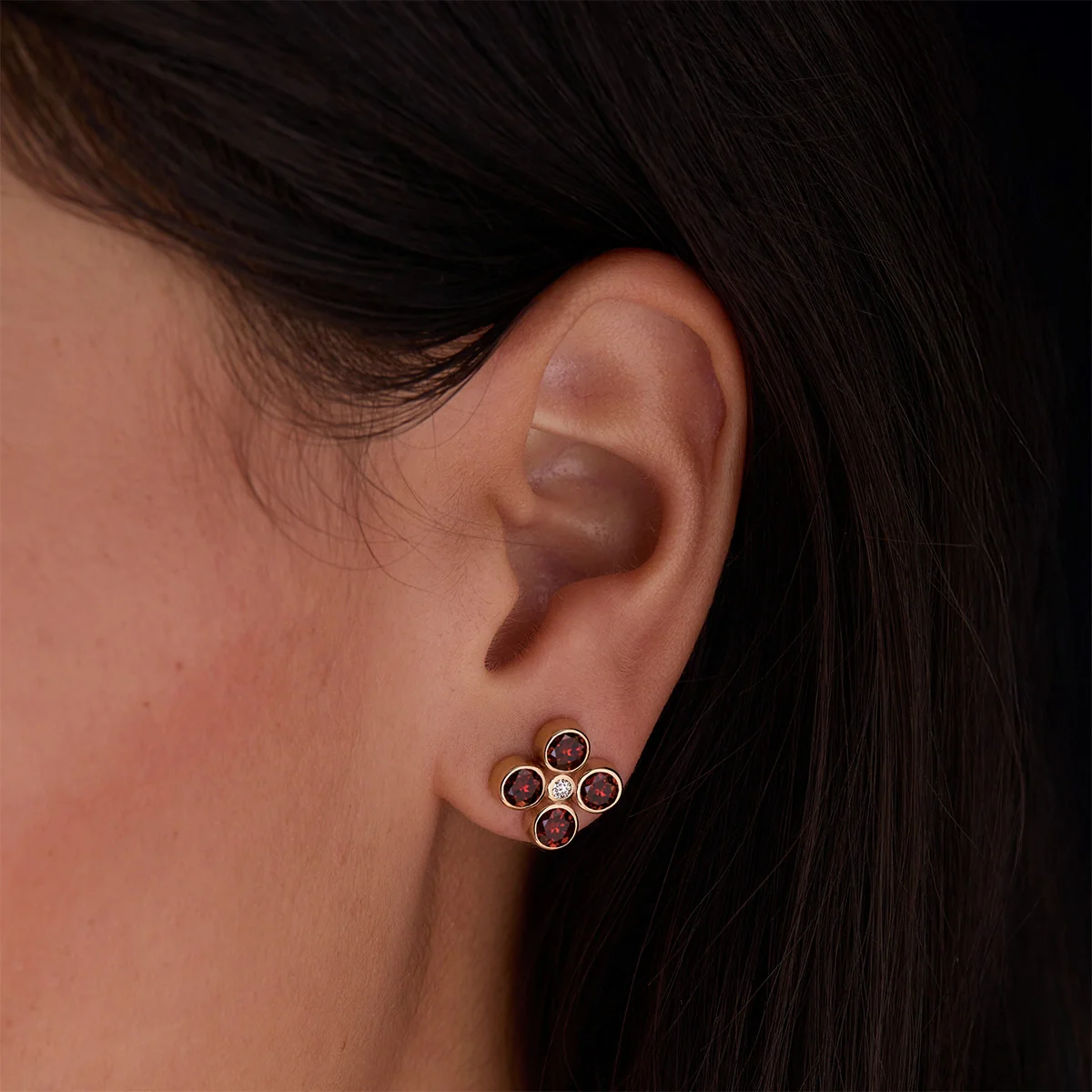 Barrington Quatrefoil Garnet & Diamond Earrings in 14k Gold (January) - Image 3