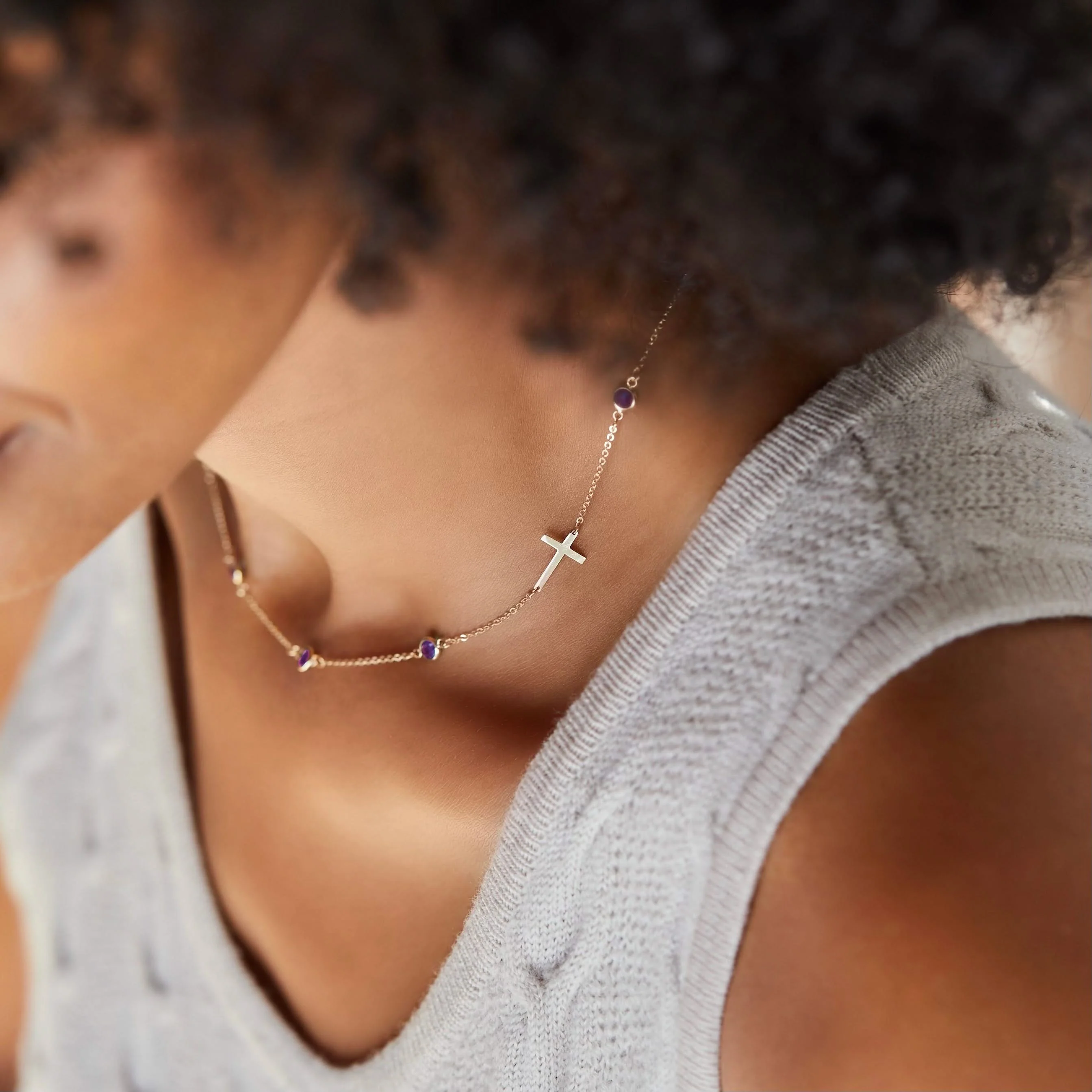 Bayberry Amethyst Birthstone Cross Necklace in 14k Gold (February) - Image 2