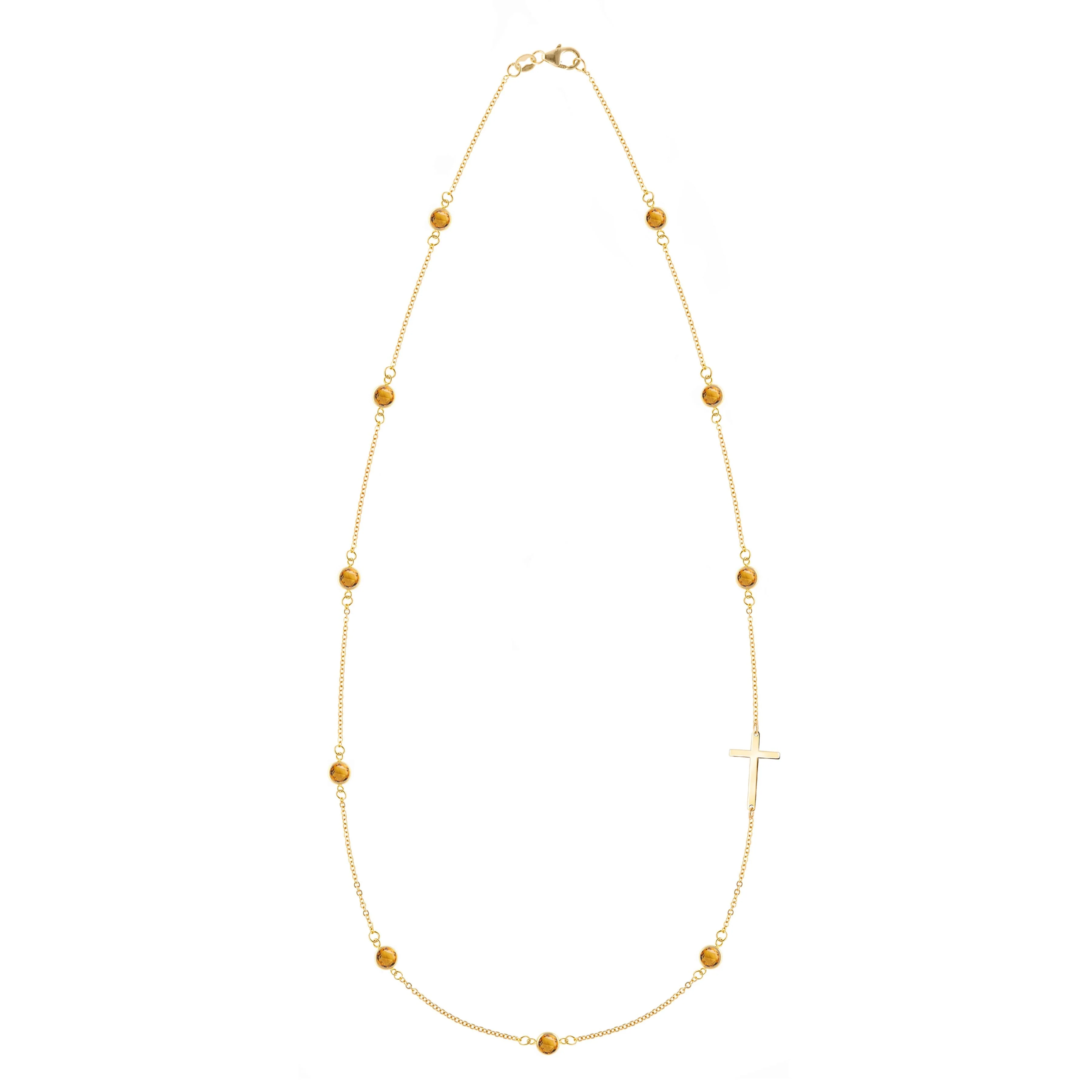 Bayberry Citrine Birthstone Cross Necklace in 14k Gold (November)