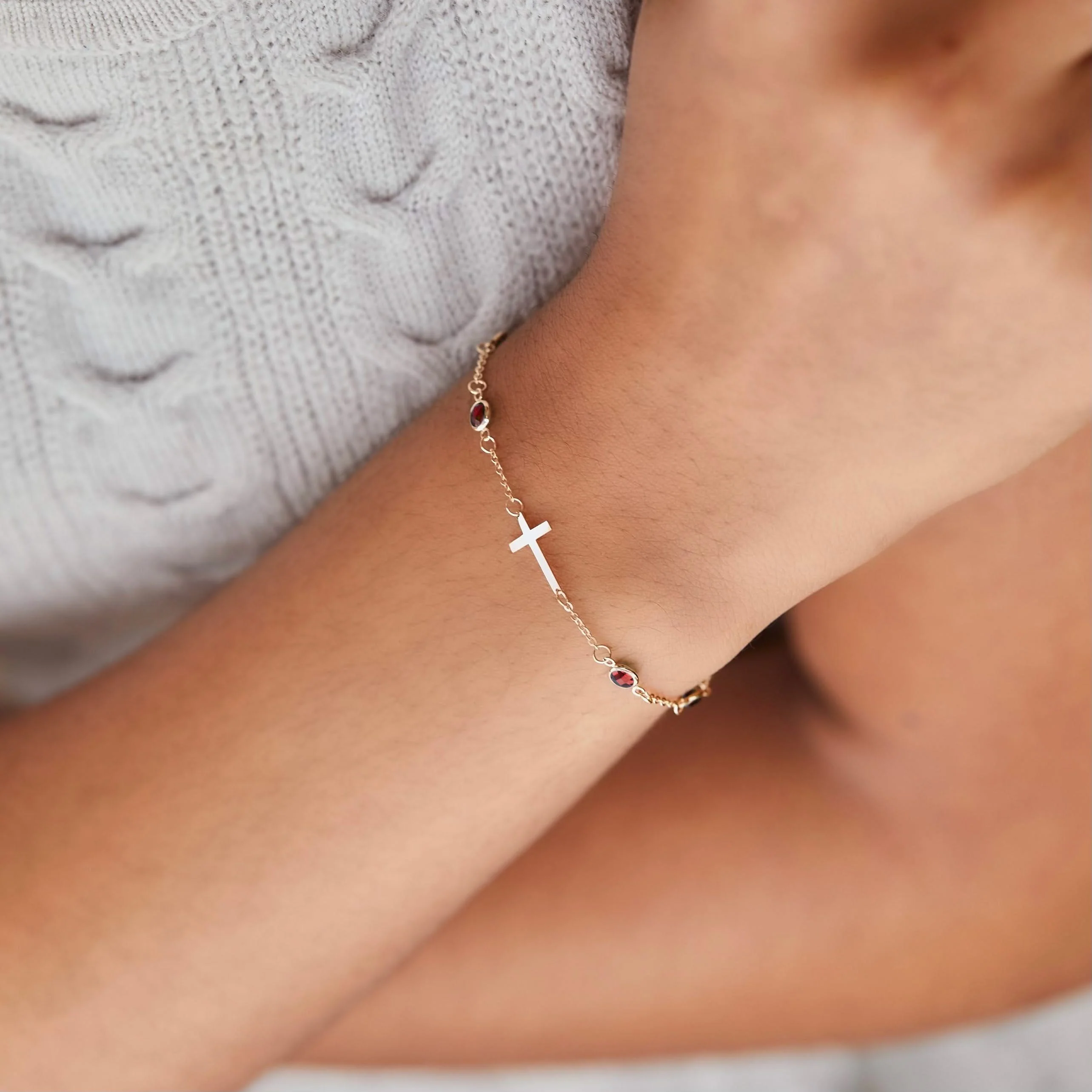 Bayberry Garnet Birthstone Cross Bracelet in 14k Gold (January) - Image 3