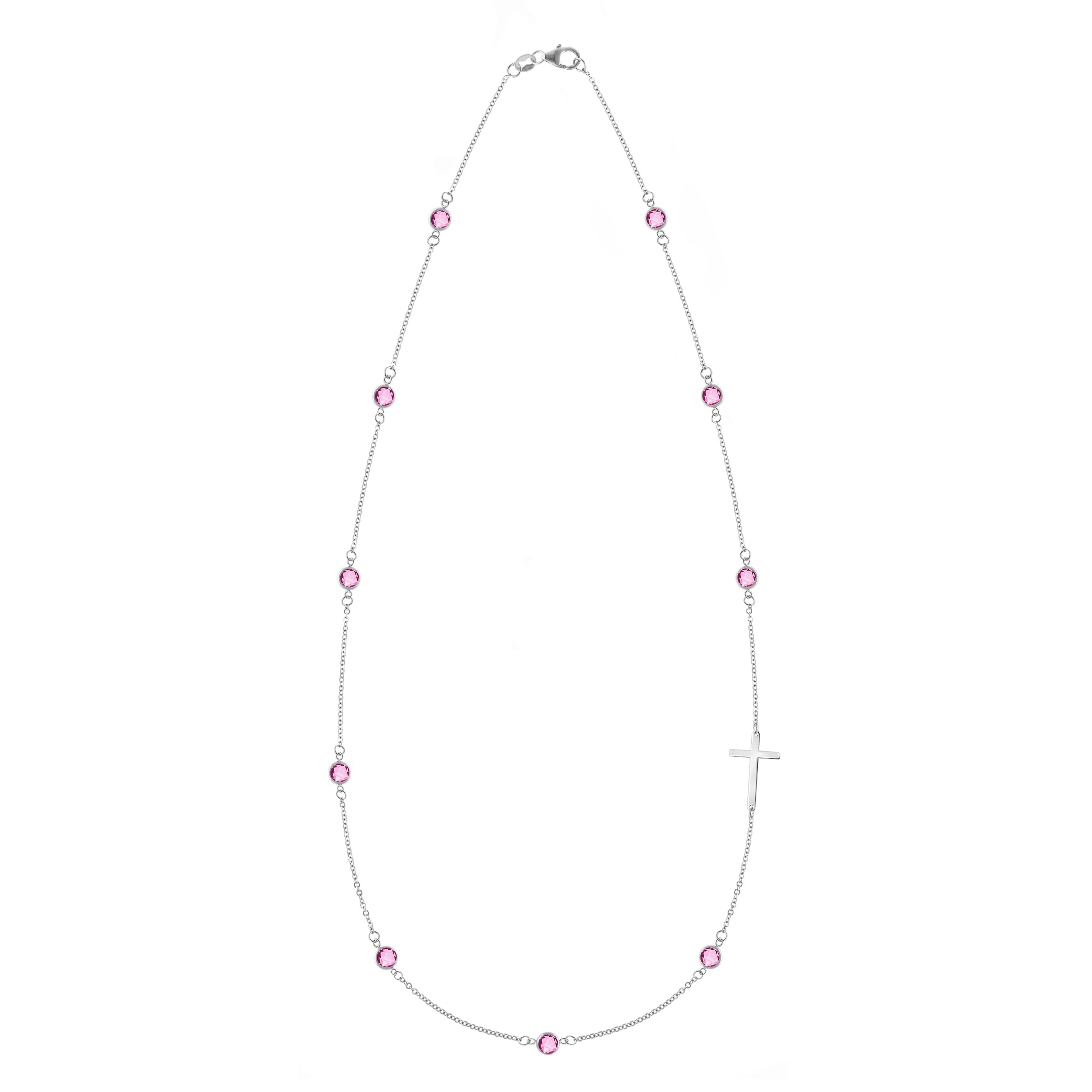 Bayberry Pink Sapphire Birthstone Cross Necklace in 14k Gold (October) - Image 5