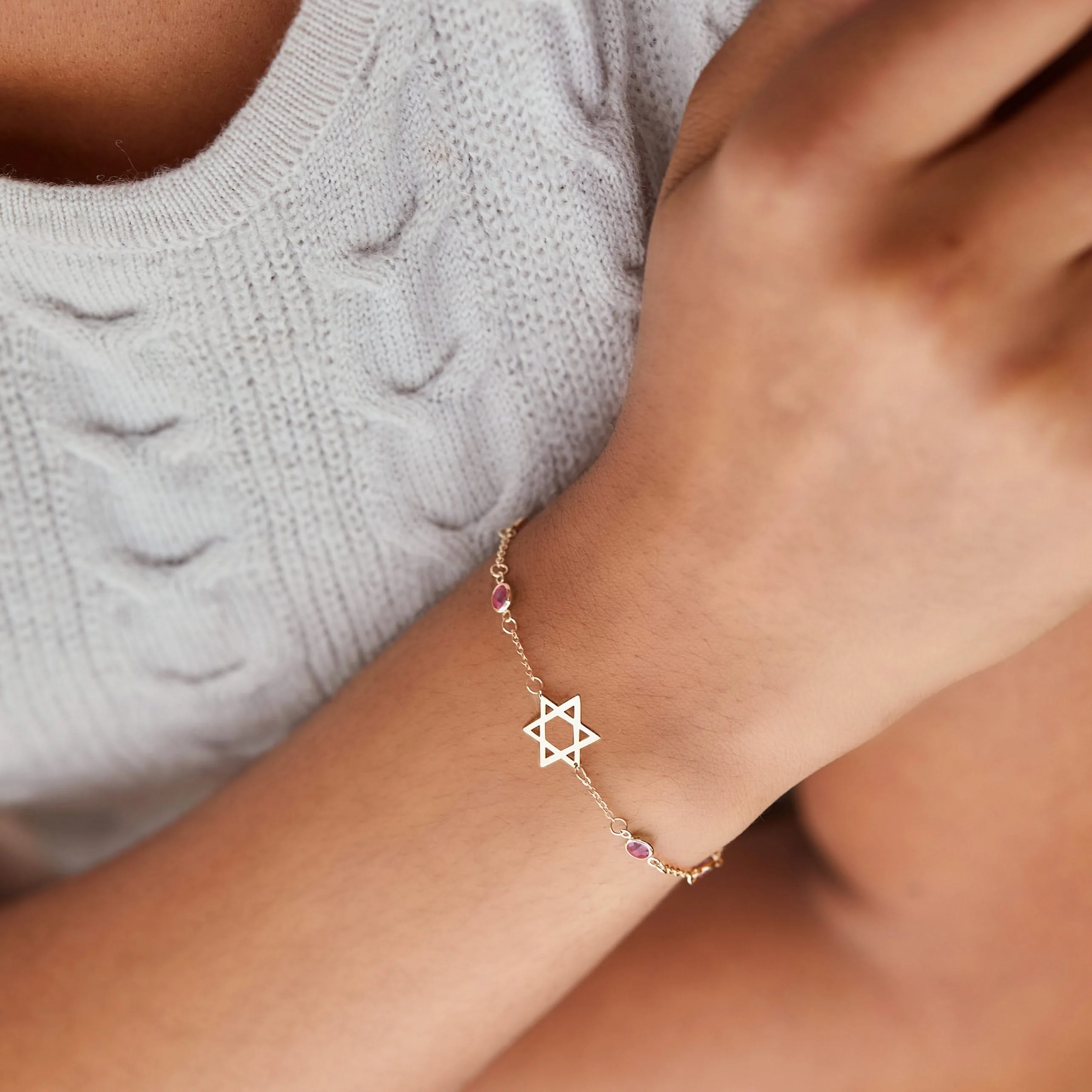 Bayberry Pink Sapphire Star of David Bracelet in 14k Gold (October) - Image 2