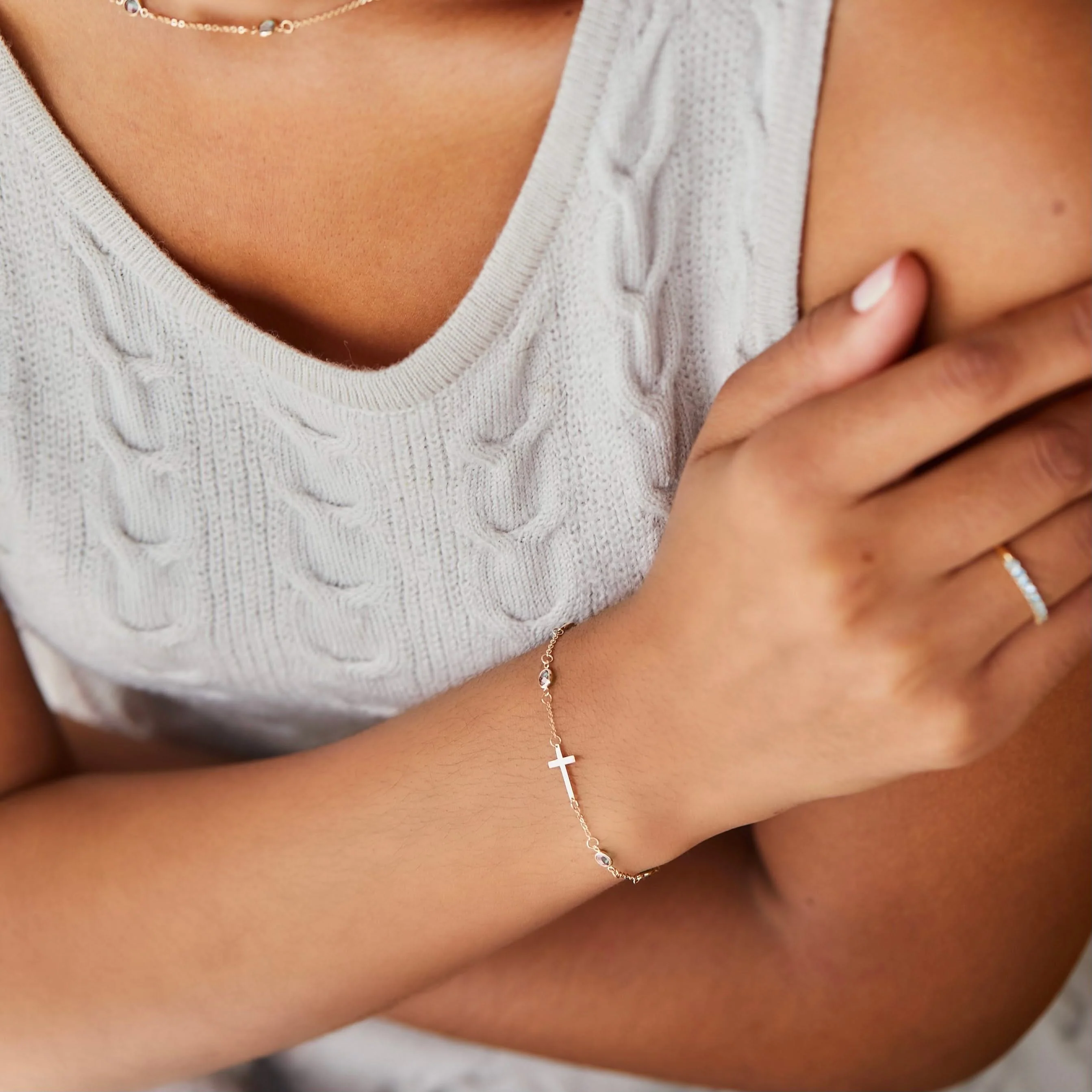 Bayberry White Topaz Birthstone Cross Bracelet in 14k Gold (April) - Image 2