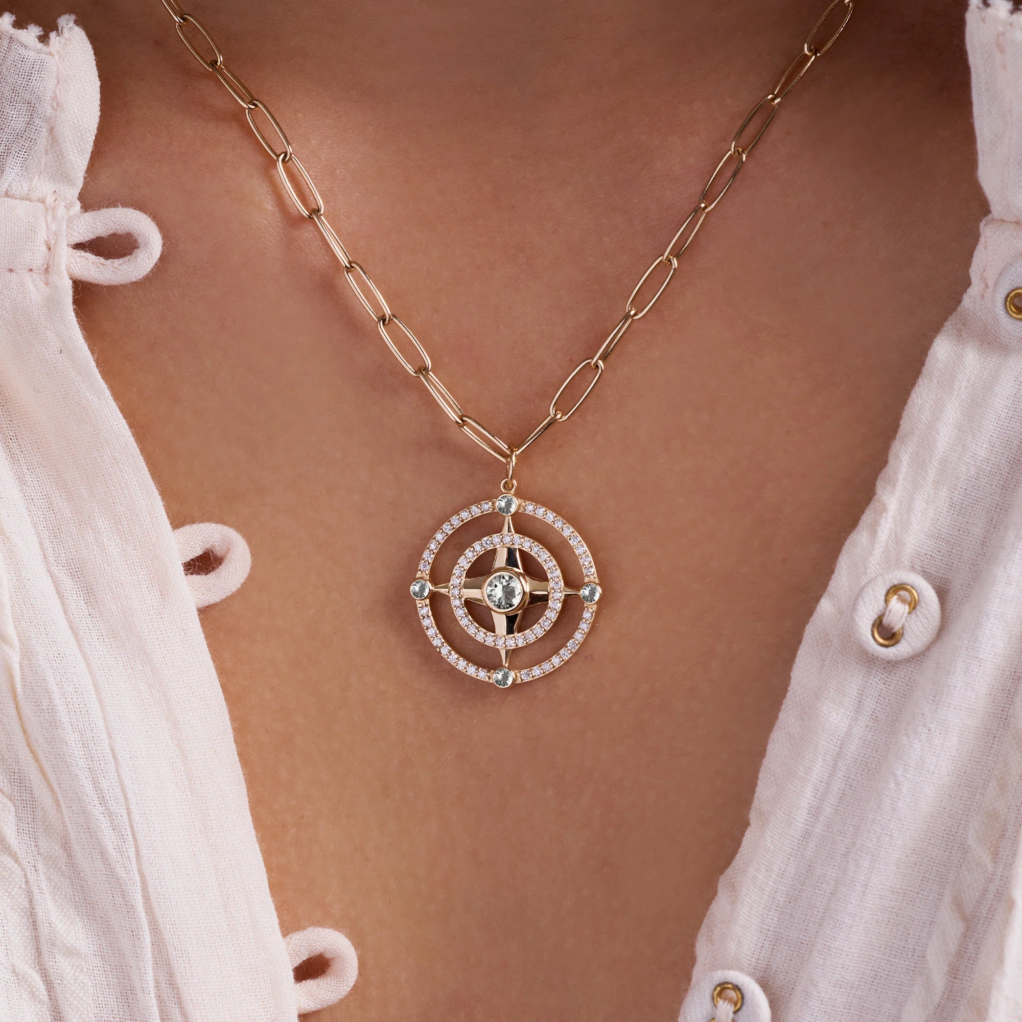 Compass White Topaz & Diamond Pendant in 14k Gold (April) - Image 3