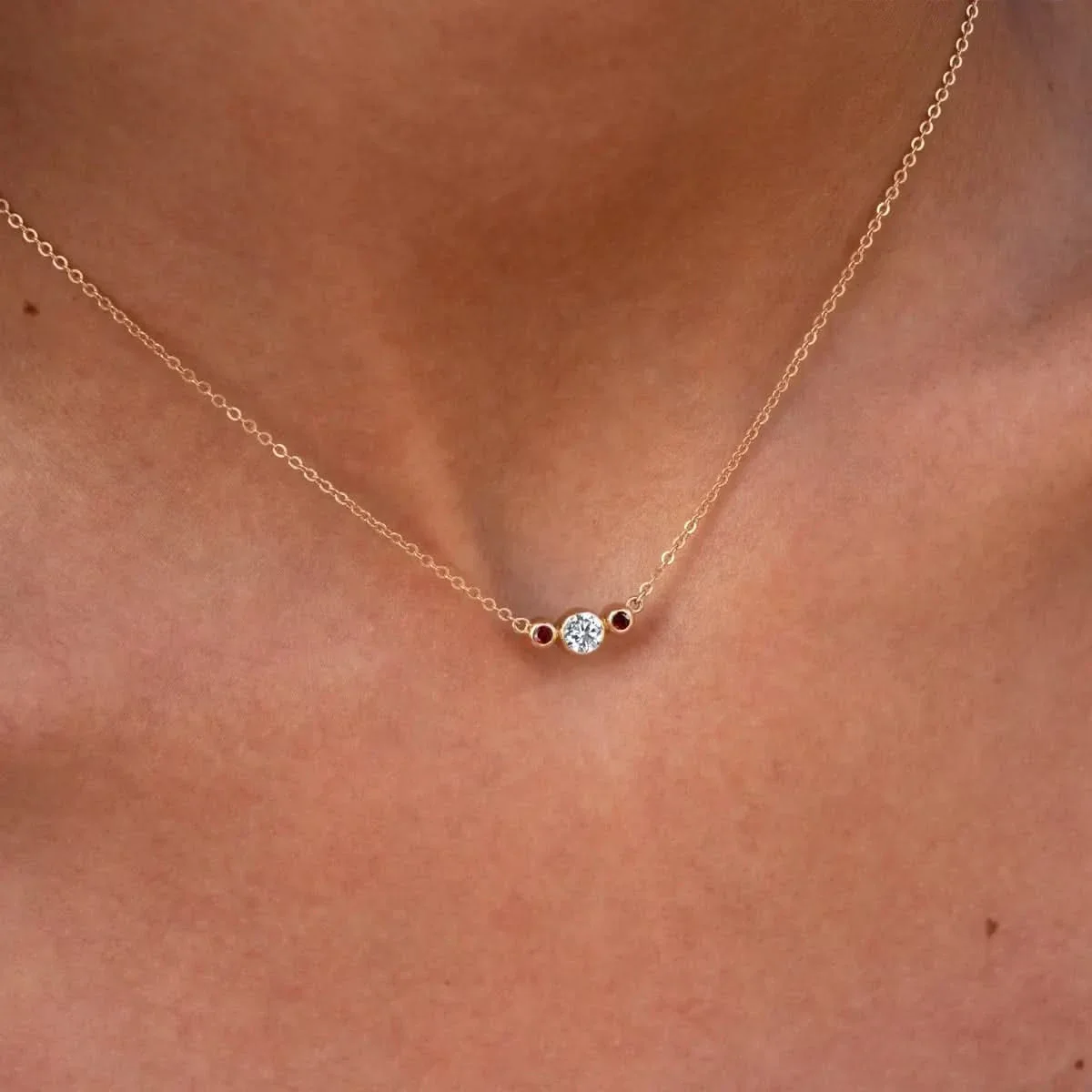 Barrington Diamond Necklace with Garnet Side Stones in 14k Gold (January) - Image 3