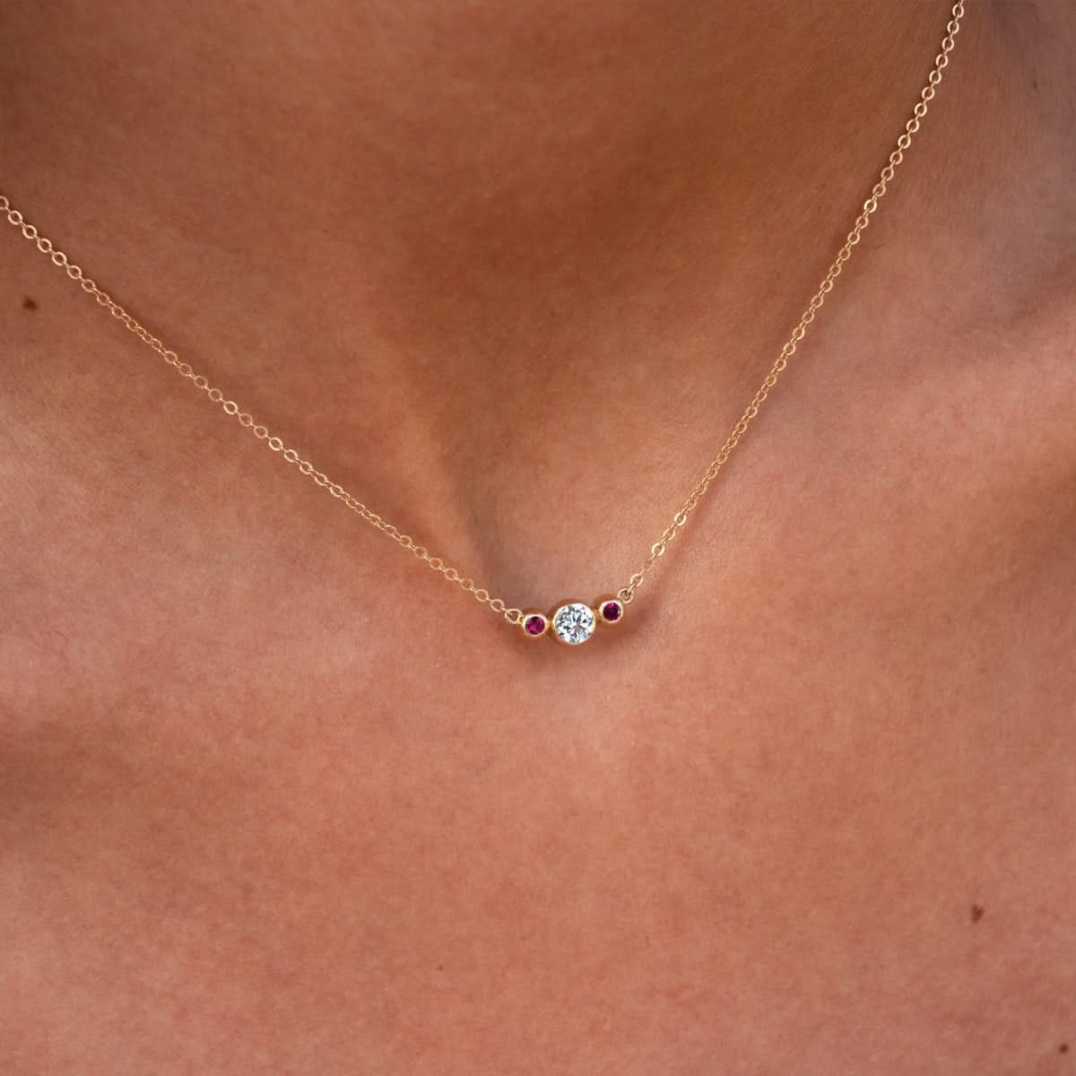 Barrington Diamond Necklace with Ruby Side Stones in 14k Gold (July) - Image 3