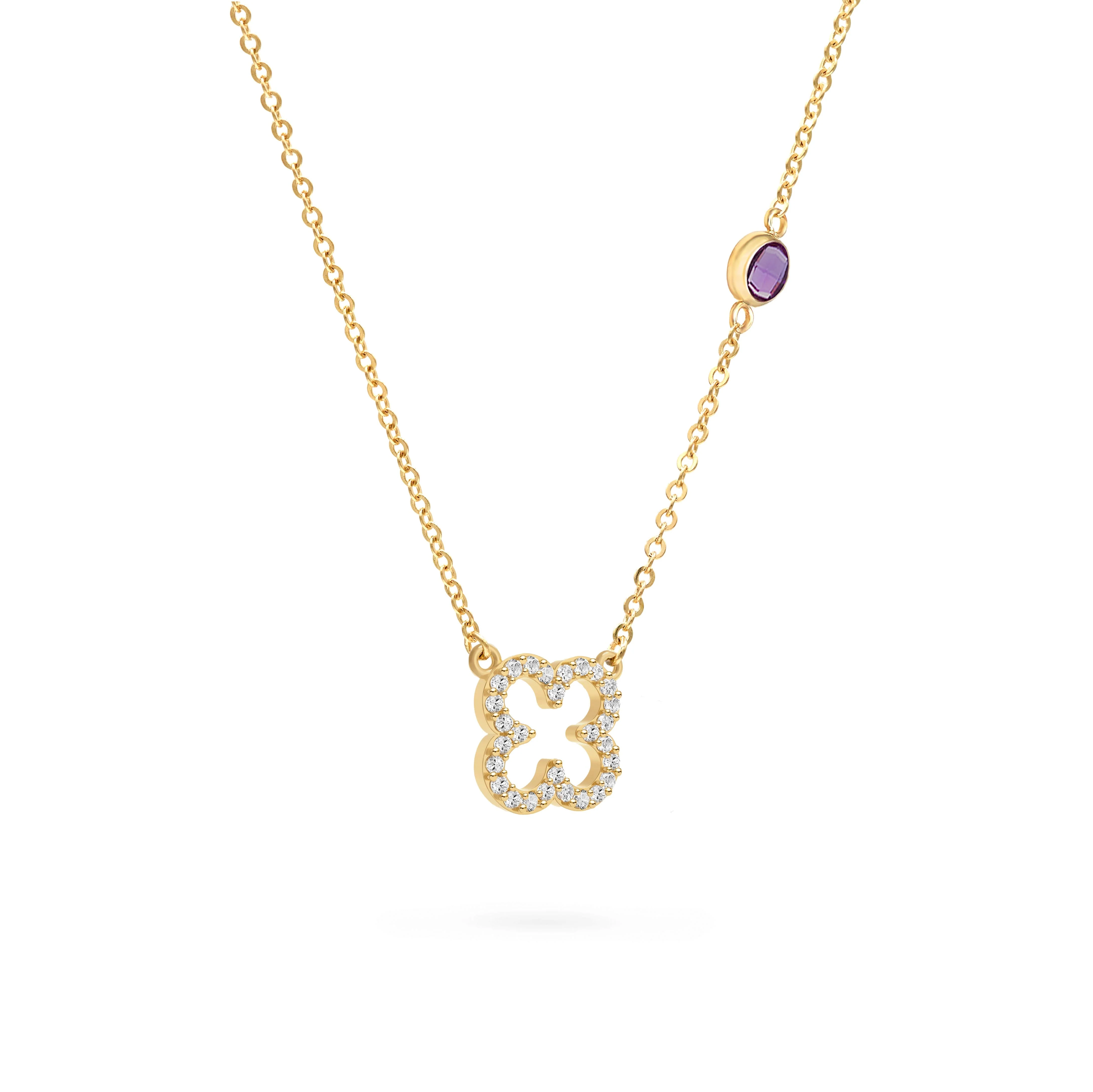 Diamond Clover & Amethyst Necklace in 14k Gold (February) - Image 4
