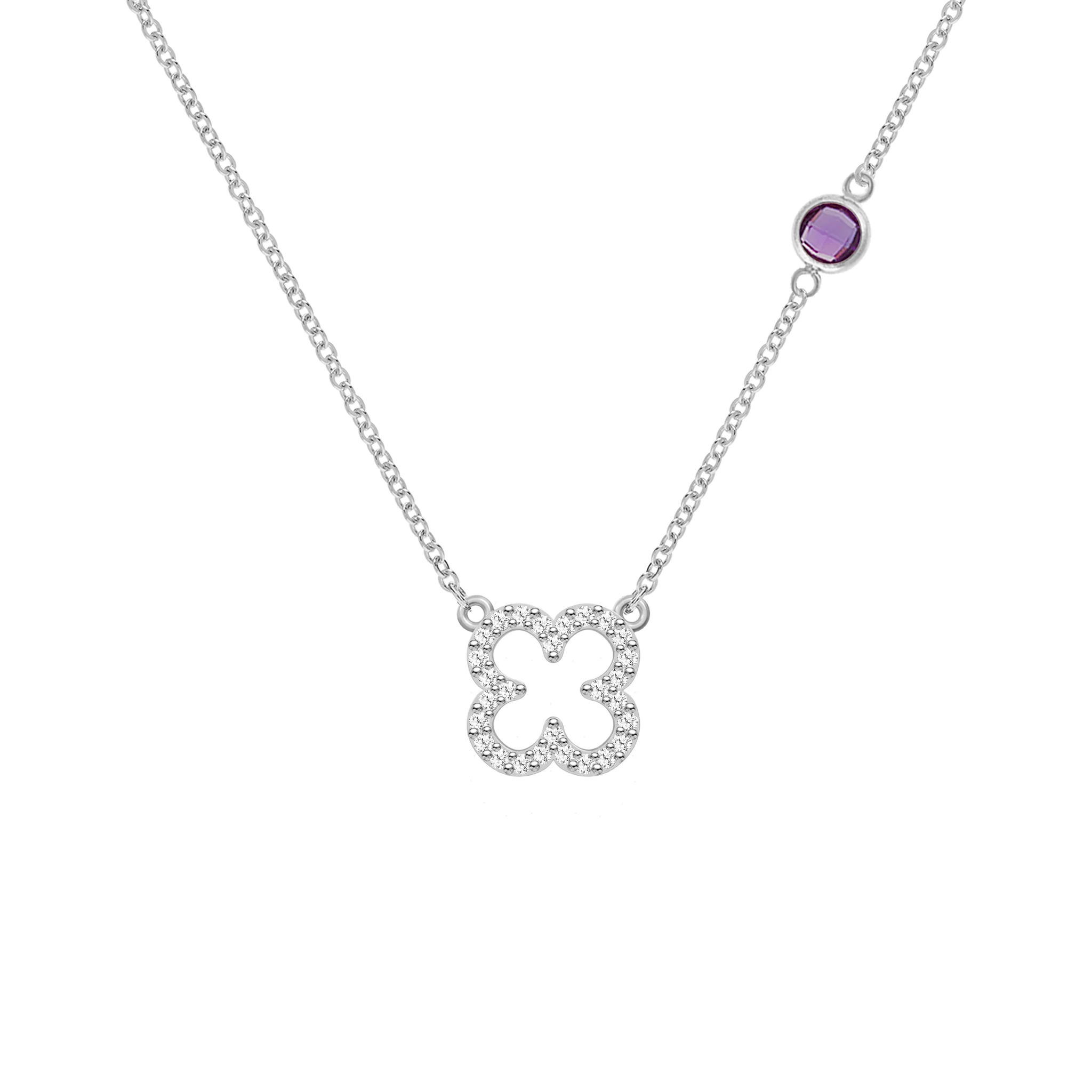 Diamond Clover & Amethyst Necklace in 14k Gold (February) - Image 8