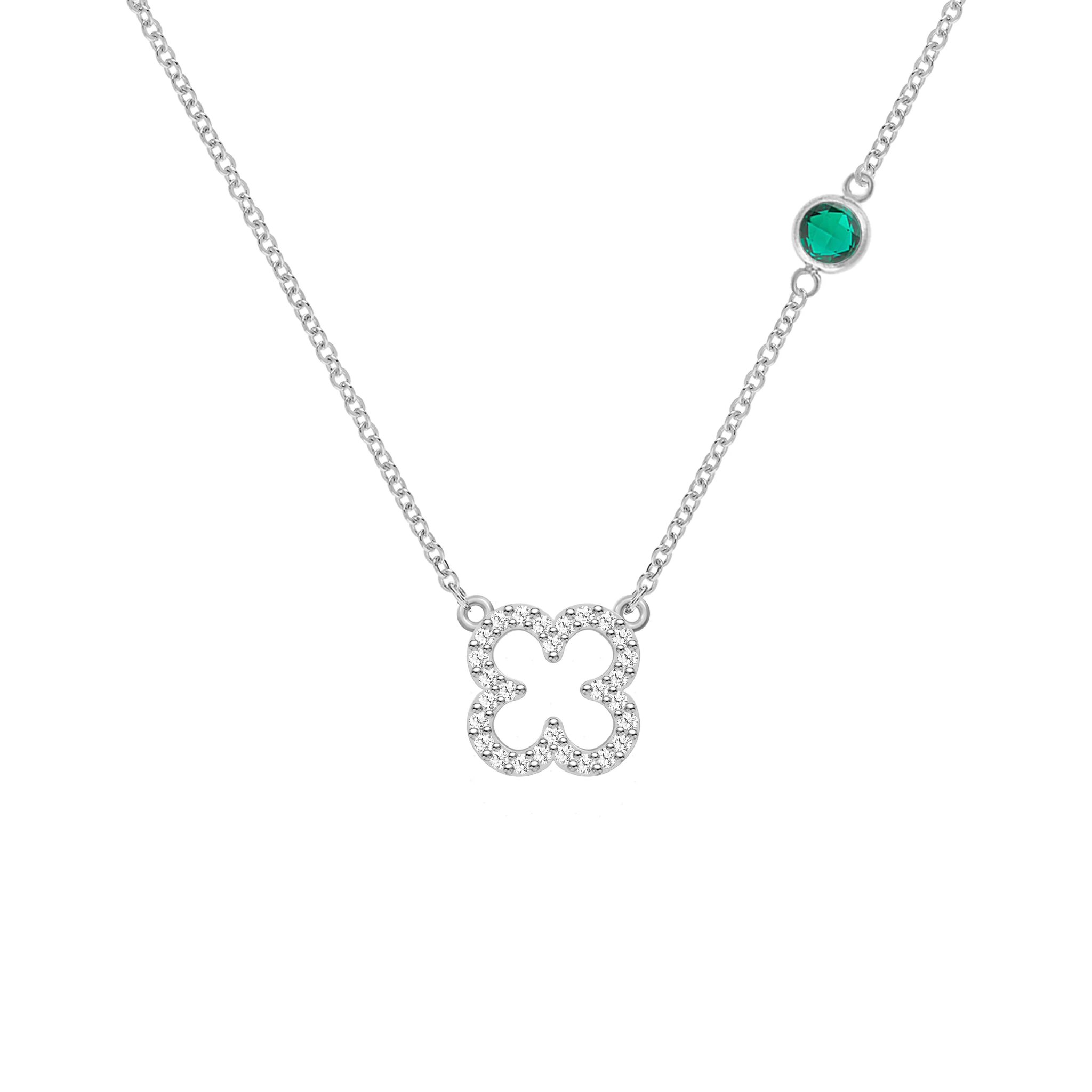 Diamond Clover & Emerald Necklace in 14k Gold (May) - Image 7