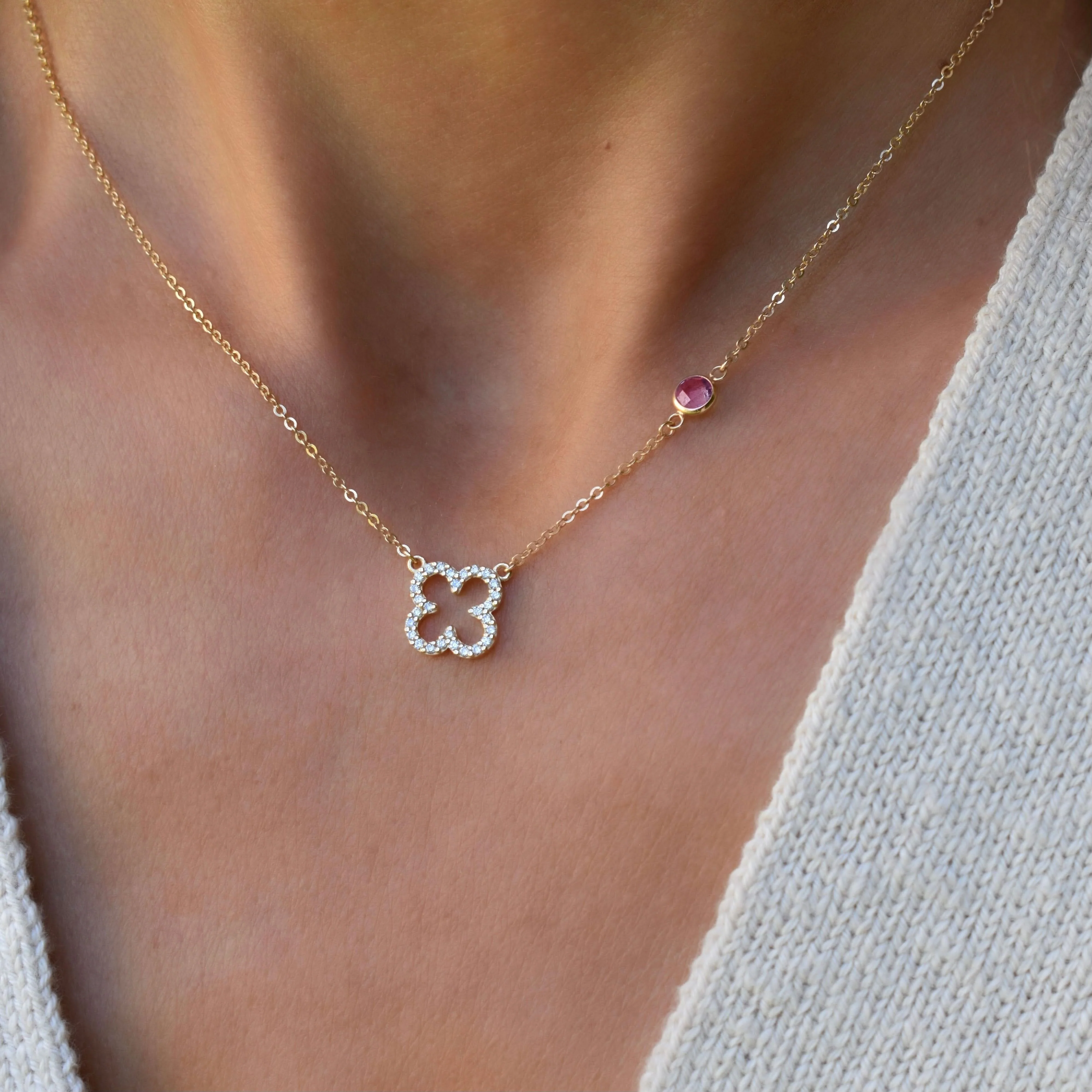 Diamond Clover & Pink Sapphire Necklace in 14k Gold (October) - Image 3
