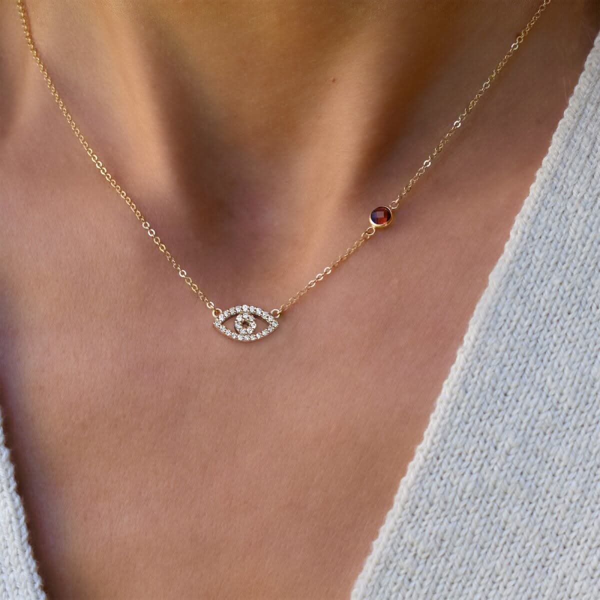 Diamond Evil Eye & Garnet Necklace in 14k Gold (January) - Image 3