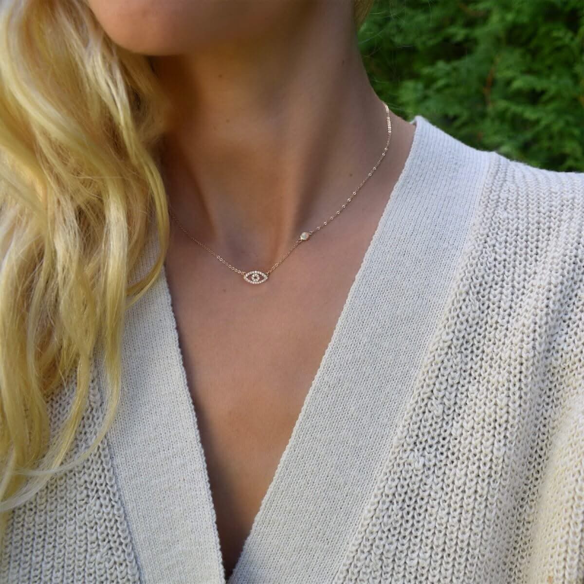 Diamond Evil Eye & Opal Necklace in 14k Gold (October) - Image 2
